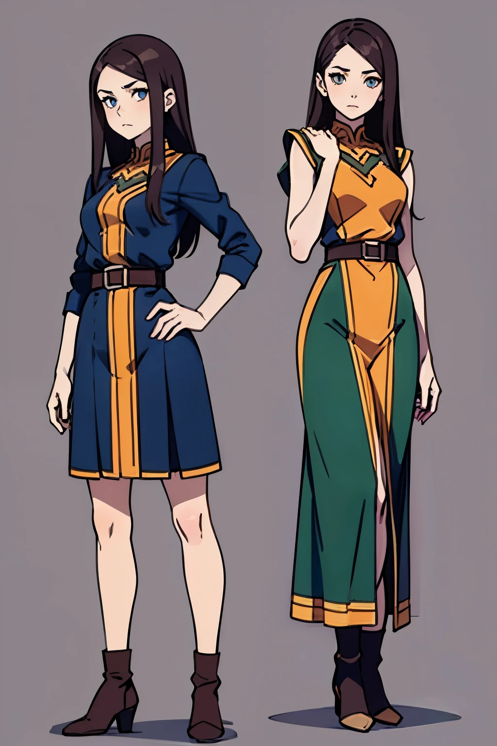 halfling woman, shy type, pale skin. long dark hair, medium sized bust, druidic-styled clothing, fullbody, standing pose, shy pose, hand on her back, 3/4 angle view