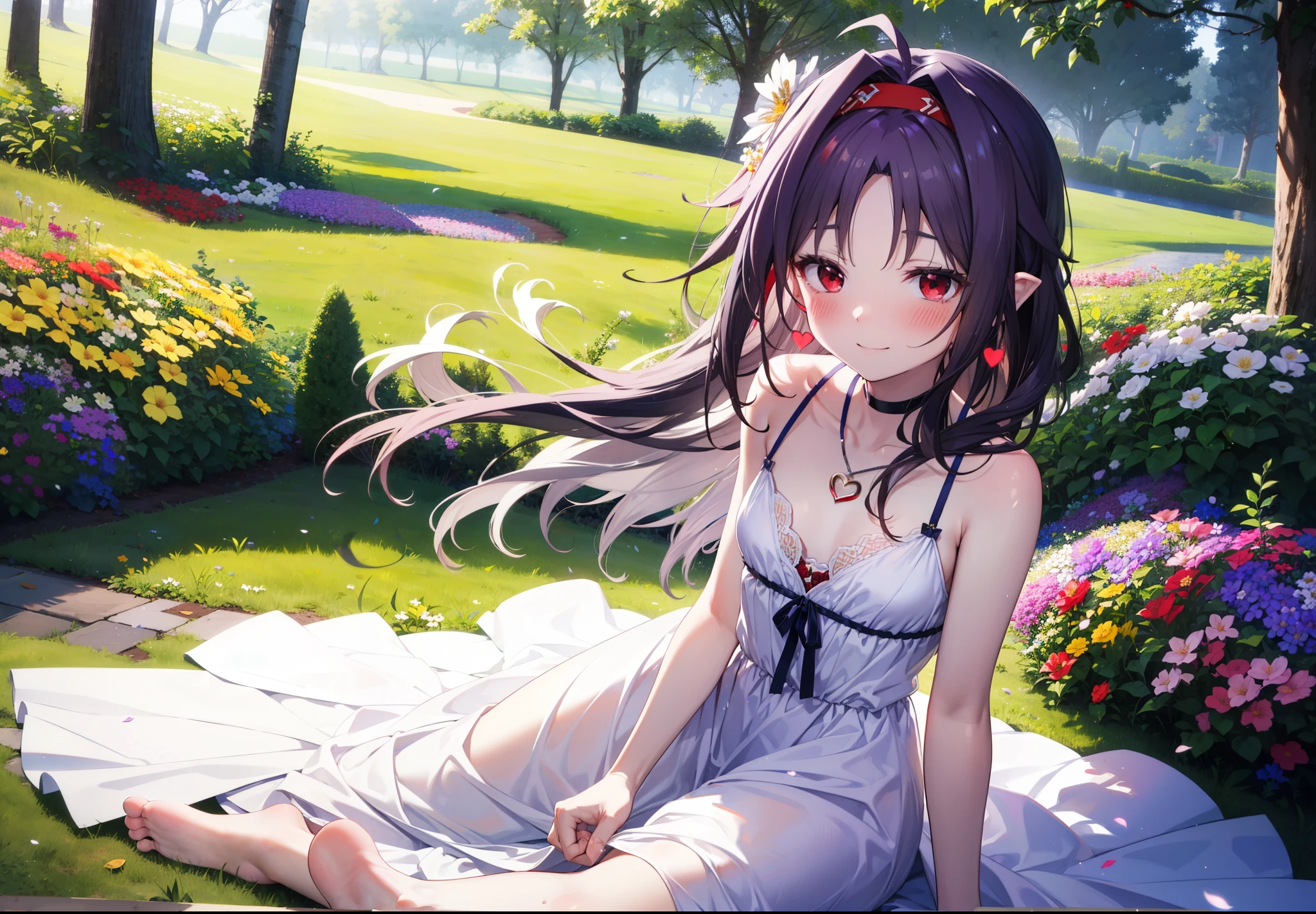 yuukikonno, Konno Yuuki, hair band, Long Hair, Pointed Ears, Purple Hair, (Red eyes:1.5), (Small breasts:1.2), Squint both eyes,blush,happy smile, smile, Close your mouth,White sleeveless dress,Bare arms,Heart Pendant,Long skirt,Barefoot flower crown,whole bodyがイラストに入るように,Sitting,Looking up from below,
break looking at viewer, whole body,
break outdoors, nature,Flower Field,Large Lake,
break (masterpiece:1.2), highest quality, High resolution, unity 8k wallpaper, (figure:0.8), (Beautiful fine details:1.6), Highly detailed face, Perfect lighting, Highly detailed CG, (Perfect hands, Perfect Anatomy),