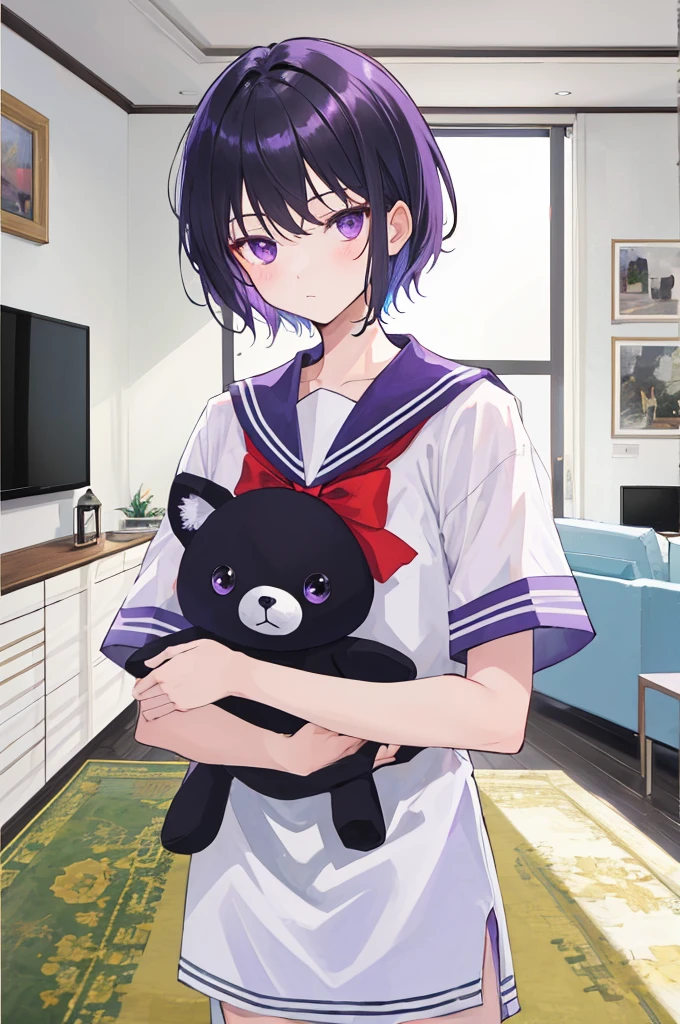((man)),Black short hair,Purple Eyes,White sailor suit,Short sleeve,living room,Bow your head,Holding a stuffed animal in hand,