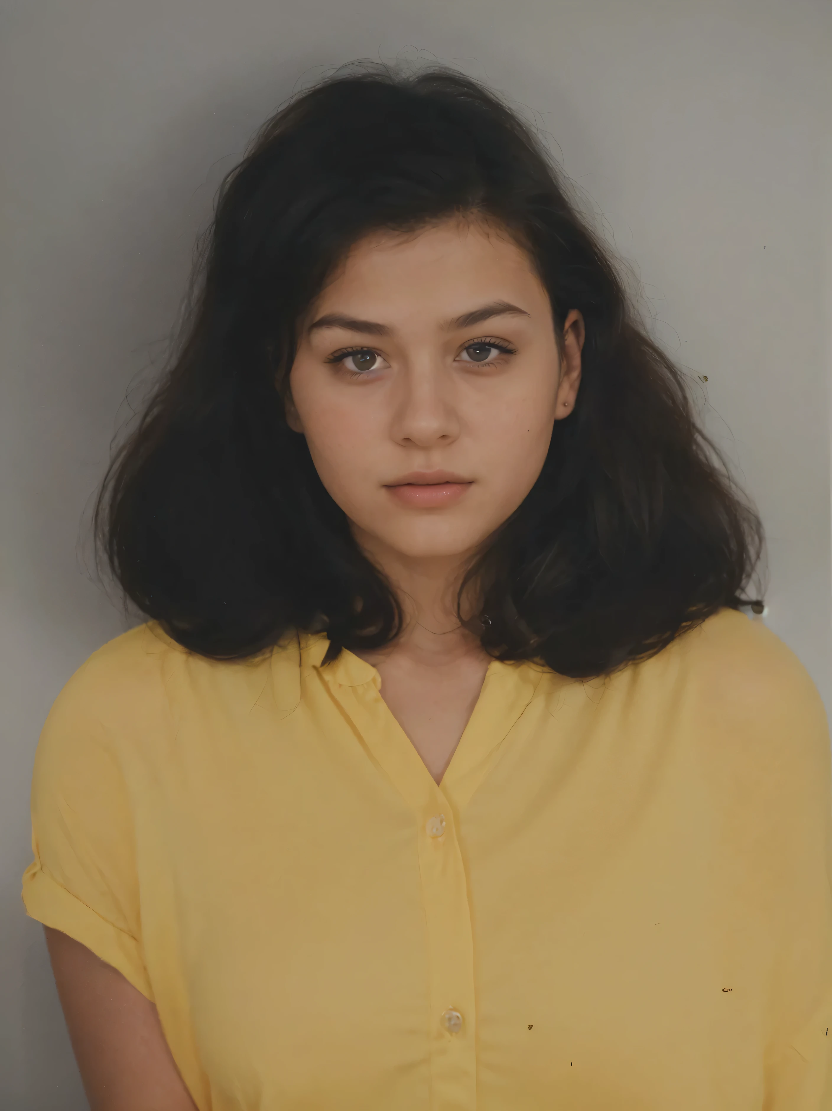 Make this photo look detailed and realistic, arafed a young girl with long black hair and yellow shirt, 16 years old woman, color portrait, old color photograph, colour portrait photograph, color studio portrait, realistic old photo, a colorized photo, coloured photo, 3 5 mm portrait, photo of a woman, old damagaed polaroid photo, photographic portrait, around 1 6 years old, photo of young woman, potrait, very detailed potrait, realistic portrait photo, close up potrait, profile portrait, very detailed face, very realistic face, very perfected face, very detailed clothes, very realistic clothes, very perfected clothes