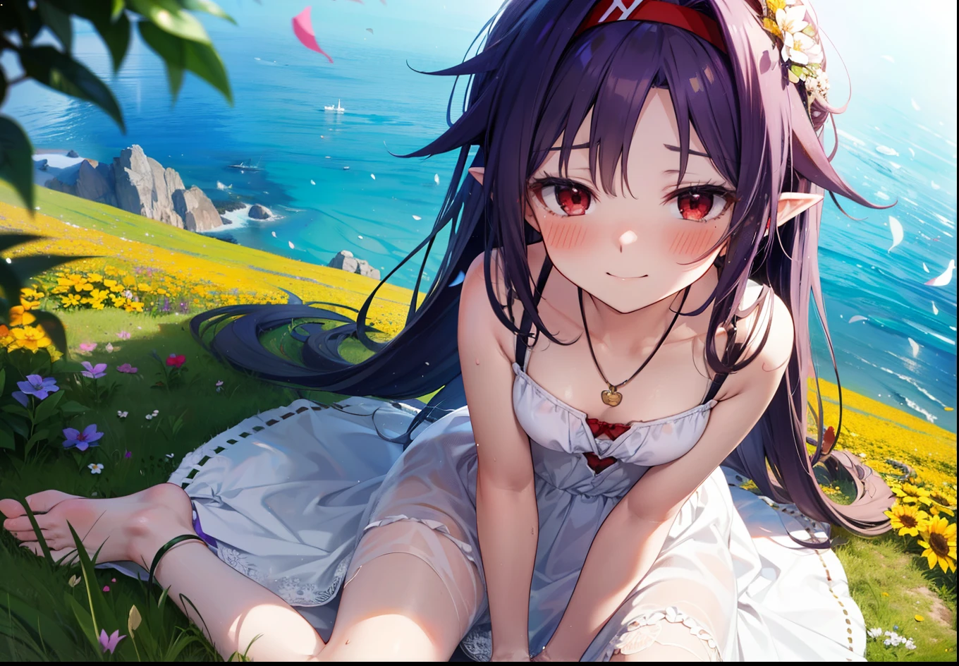yuukikonno, Konno Yuuki, hair band, Long Hair, Pointed Ears, Purple Hair, (Red eyes:1.5), (Small breasts:1.2), Squint both eyes,blush,happy smile, smile, Close your mouth,White sleeveless dress,Bare arms,Heart Pendant,Long skirt,Barefoot flower crown,whole bodyがイラストに入るように,Sitting,Looking up from below,
break looking at viewer, whole body,
break outdoors, nature,Flower Field,Large Lake,
break (masterpiece:1.2), highest quality, High resolution, unity 8k wallpaper, (figure:0.8), (Beautiful fine details:1.6), Highly detailed face, Perfect lighting, Highly detailed CG, (Perfect hands, Perfect Anatomy),