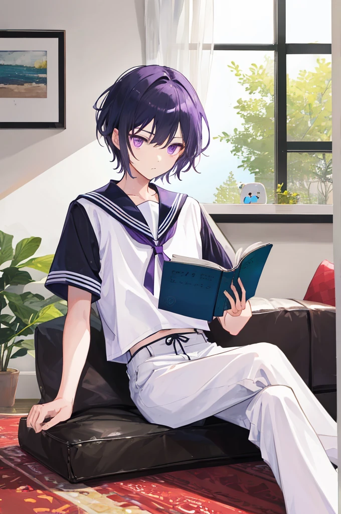 ((man)),Black short hair,Purple Eyes,White sailor suit,Short sleeve,living room,Bow your head,Sitting and reading,