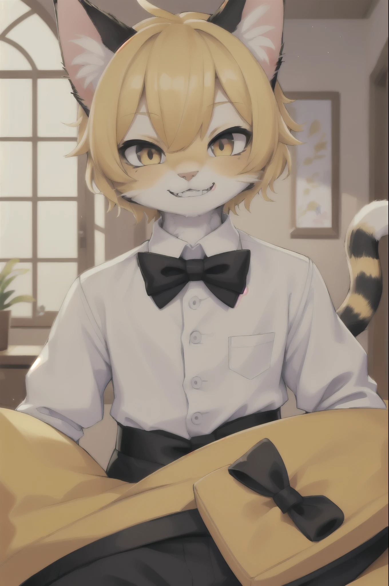 (hi res), ((masterpiece)) , ((best quality)), illustration, furry, 
cat, animal ears, tail, bodyfur, 1boy, POV, upper body, 1boy, solo, yellowish hair, *//*, cat eye, *//*, tux, looking at viewer, smile with teeths.