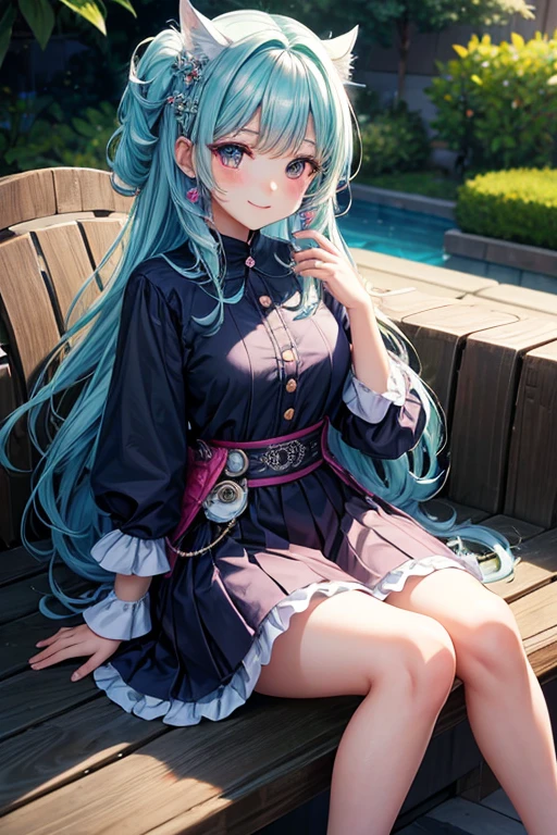 Seorang perempuan sedang duduk di kursi kerja, rambut panjang warna Aqua, tersenyum manis kearah kita, memakai pakaian putih, rok hitam pendek v4, detail , smile high, blush, HD , high quality,detailed ,anime art, unity k8