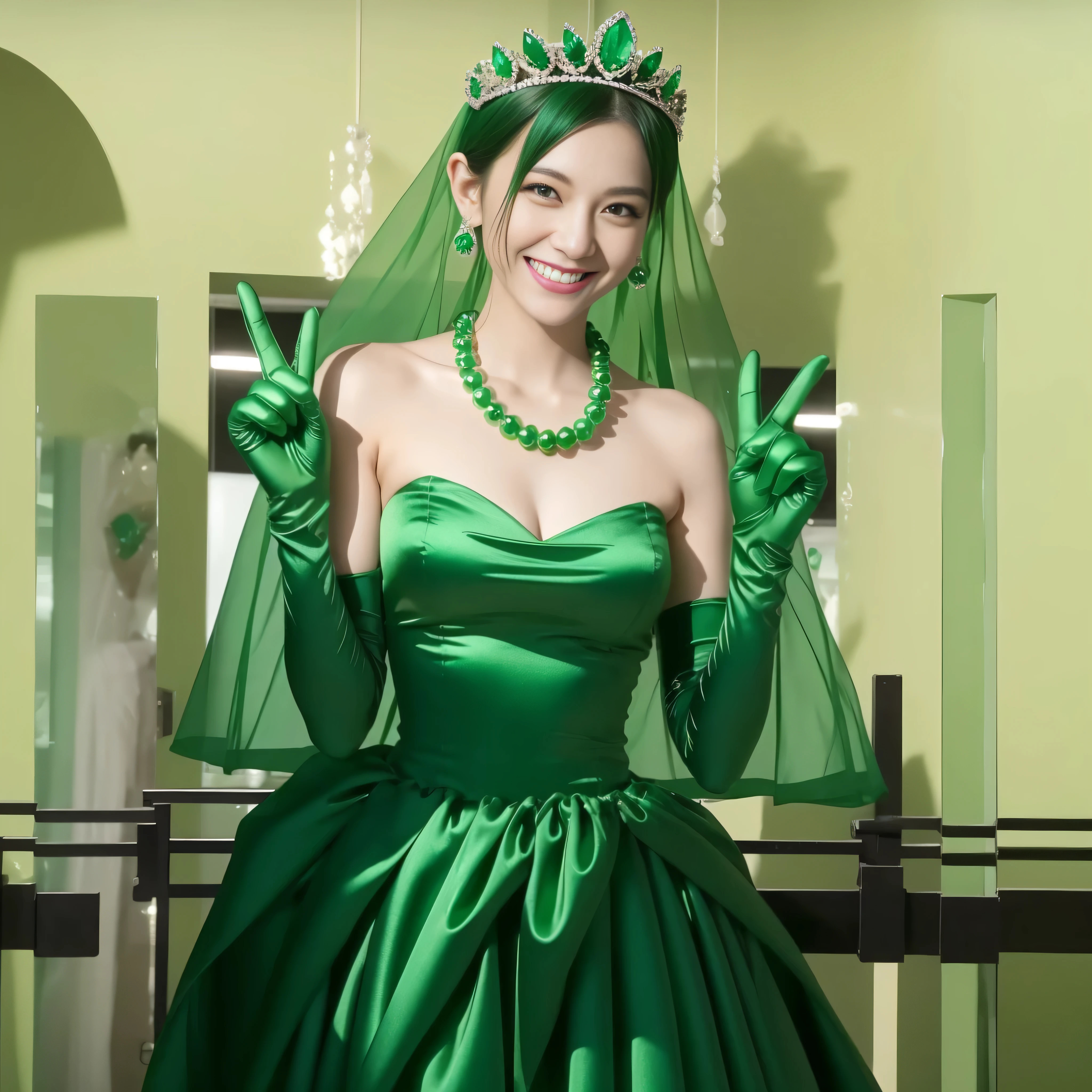 Emerald tiara, Green Pearl Necklace, Boyish very short green hair, lipstick, Smiling Japanese woman in her 30s, Very short hair, Big and beautiful, Green Eyes, Long green satin gloves, Big Breasts, V sign, Emerald Earrings, Green veil