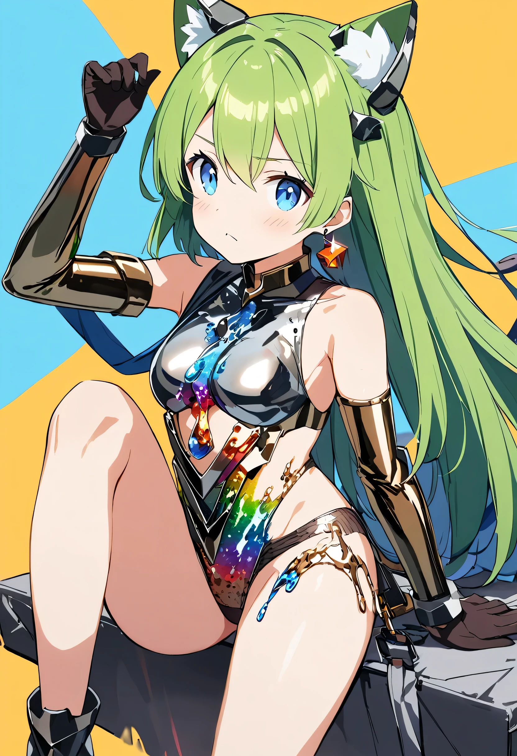 1 girl, Deltamon_beta, alone, blue eyes, Knee-length, Animal ears, Exposing shoulders, Blue Tail, Earrings, Removable sleeve, Green Hair, Sleeveless, Cat ear, bag, white Knee-length, Cat's Tail, pでk backpack, pでk school bag,
BREAK Destruction ((Liquid metal clothing,Liquid metal underwear,Liquid metal costume:1.5))