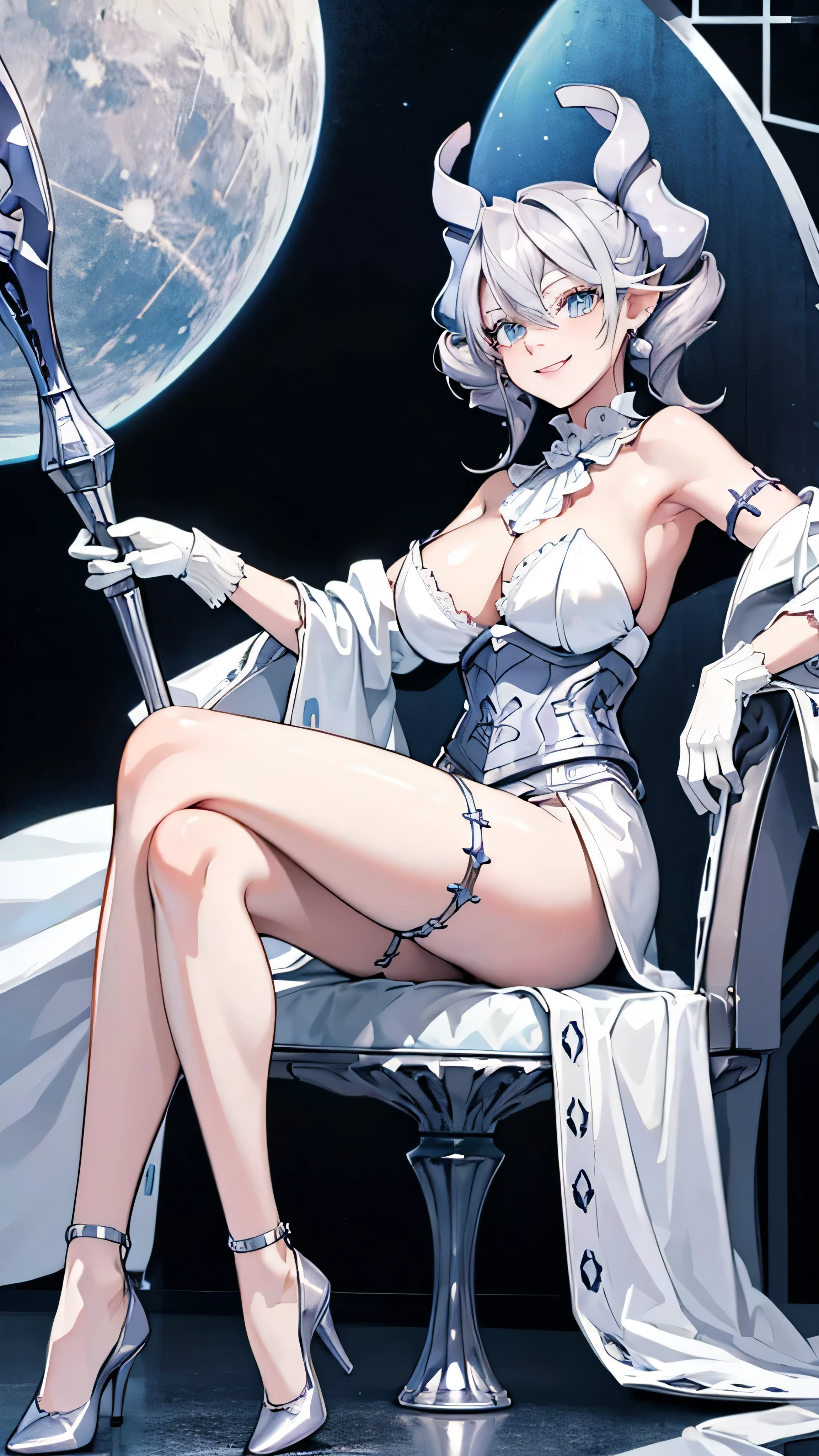 Throne sofa　High level image quality　best image quality　8K　 adult woman　whole body view　portrait　pure white long gloves（elbow gloves）　　white long dress（slit）　white wolf ears  　short hair（（shortcut）（gray hair）（perm）（fluffy））　eye color is blue　attractive evil face , face detail , smile ,  sexy pose , crossed legs style in detailed  ,  labrynth , erotic sitting styles , view all body from side  , face focus    , view legs , view shoe 