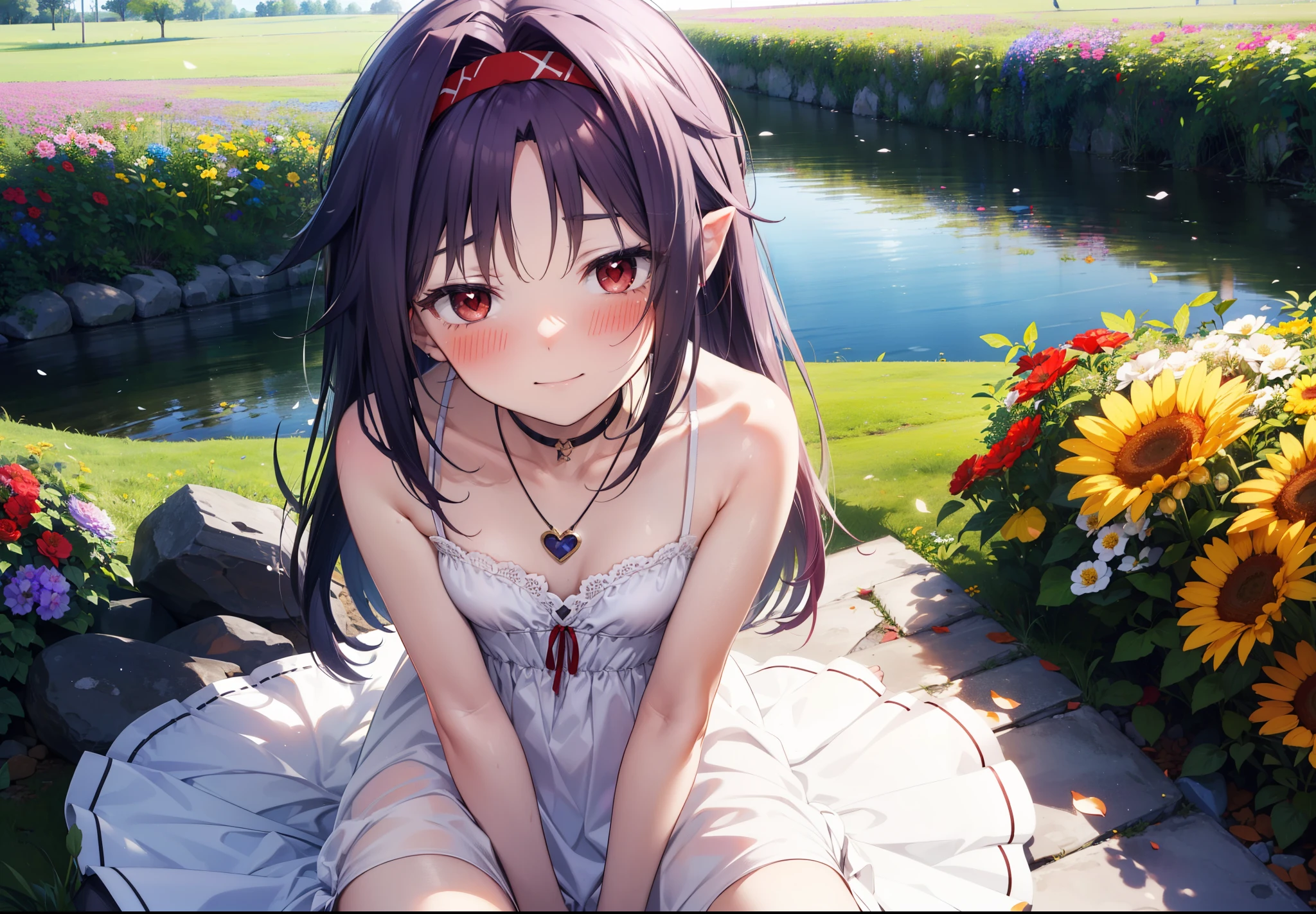 yuukikonno, Konno Yuuki, hair band, Long Hair, Pointed Ears, Purple Hair, (Red eyes:1.5), (Small breasts:1.2), Squint both eyes,blush,happy smile, smile, Close your mouth,White sleeveless dress,Bare arms,Heart Pendant,Long skirt,Barefoot flower crown,whole bodyがイラストに入るように,Sitting,Looking up from below,
break looking at viewer, whole body,
break outdoors, nature,Flower Field,Large Lake,
break (masterpiece:1.2), highest quality, High resolution, unity 8k wallpaper, (figure:0.8), (Beautiful fine details:1.6), Highly detailed face, Perfect lighting, Highly detailed CG, (Perfect hands, Perfect Anatomy),