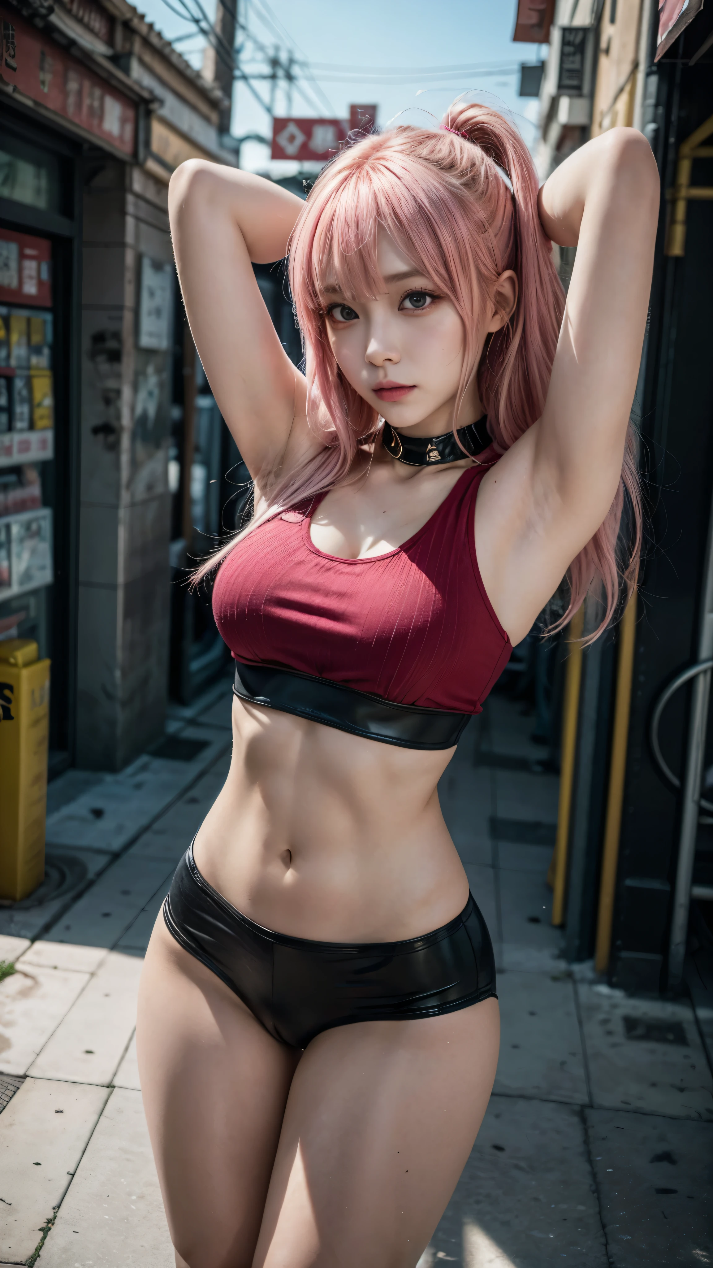 there is a woman with a pink hair and a red top, anime girl cosplay, inspired by Leng Mei, photo of slim girl model, anime girl in real life, seductive anime girl, cyberpunk 2 0 y. o model girl, chinese girl, female cyberpunk anime girl, photo of slim girl, show armpits, beautiful cyberpunk woman model, anime cosplay, cosplay photo, cosplay