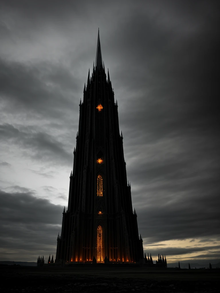 "Dark and imposing Sauron's Tower rising high, engulfed in shadows with an eerie glow, showcasing its malevolent power amidst a desolate landscape."