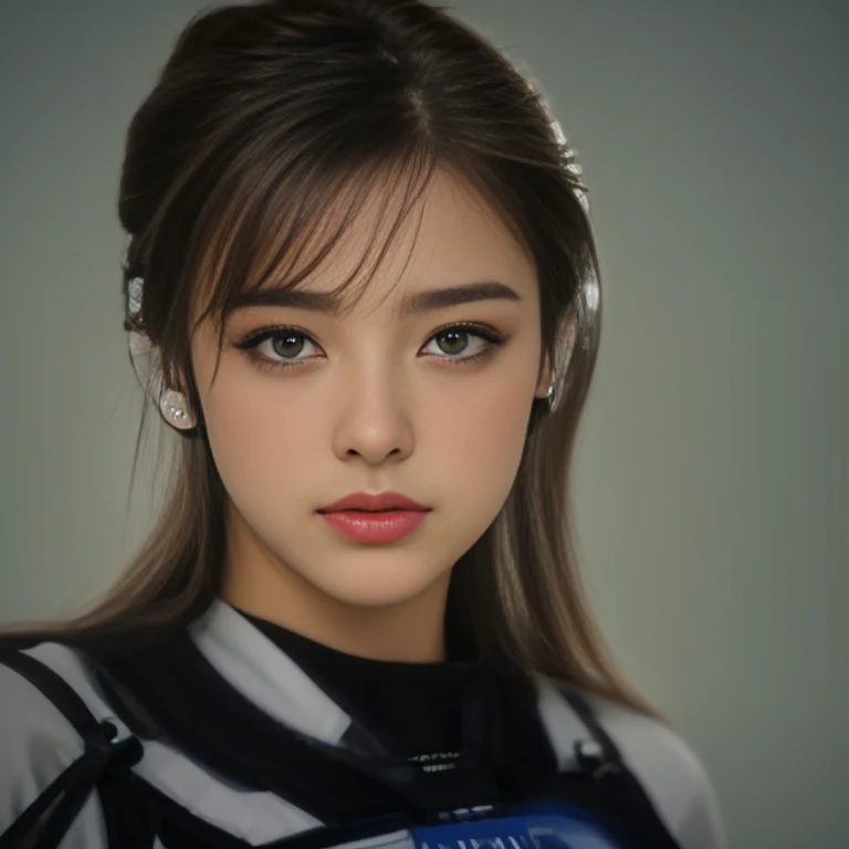 (best quality,very detailed),(realistic,photorealistic:1.37), Ultra high resolution, (realism: 1.4), ((from the front)), Favor details, 1 woman with high concentration, With a beautiful and delicate face., (stand straight, small breasts, chubby:0.2), (Wear a racing uniform like a police uniform., Wear a high-tech headset, Military Harness, hand grenade), simple gray wall background,
