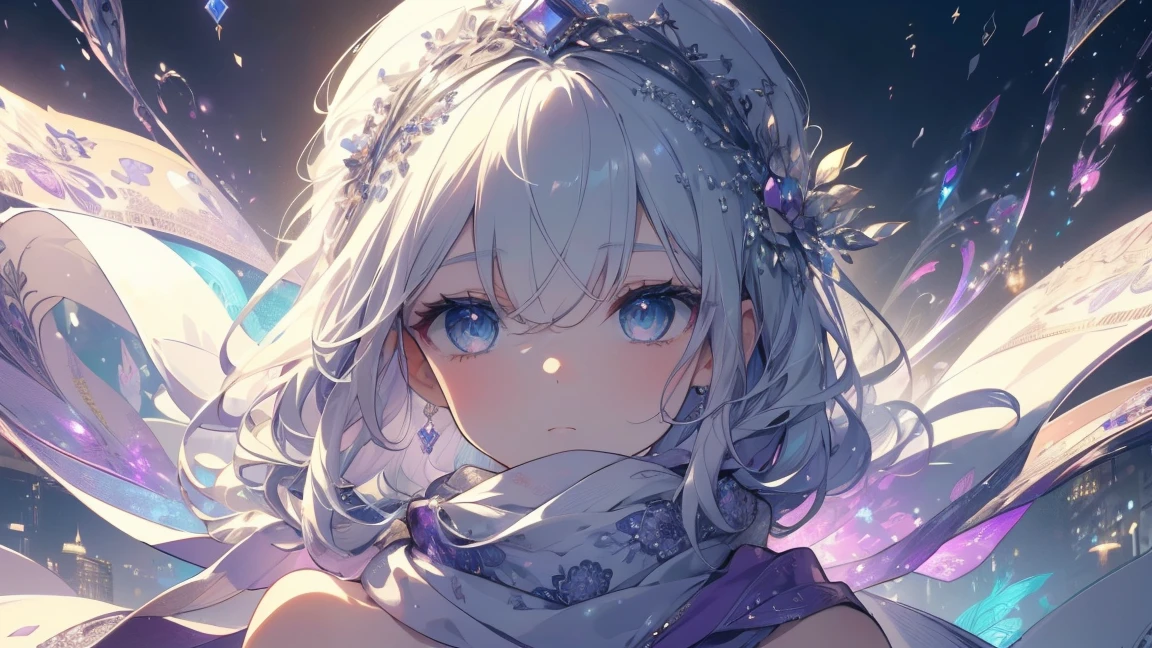 8k, Wrap a scarf around your head, High resolution RAW color art, animation, Silver Marble Skin, (((Highly detailed elegant))), Magical atmosphere, Detailed skin, texture,(Exquisitely crafted, The finer details, Ultra-detailed art), Depth of written boundary, Bokeh, Silky Touch, Hyper Detail, (Pastel Purple), Beautiful Eyes, Elegant face, Neon Downtown