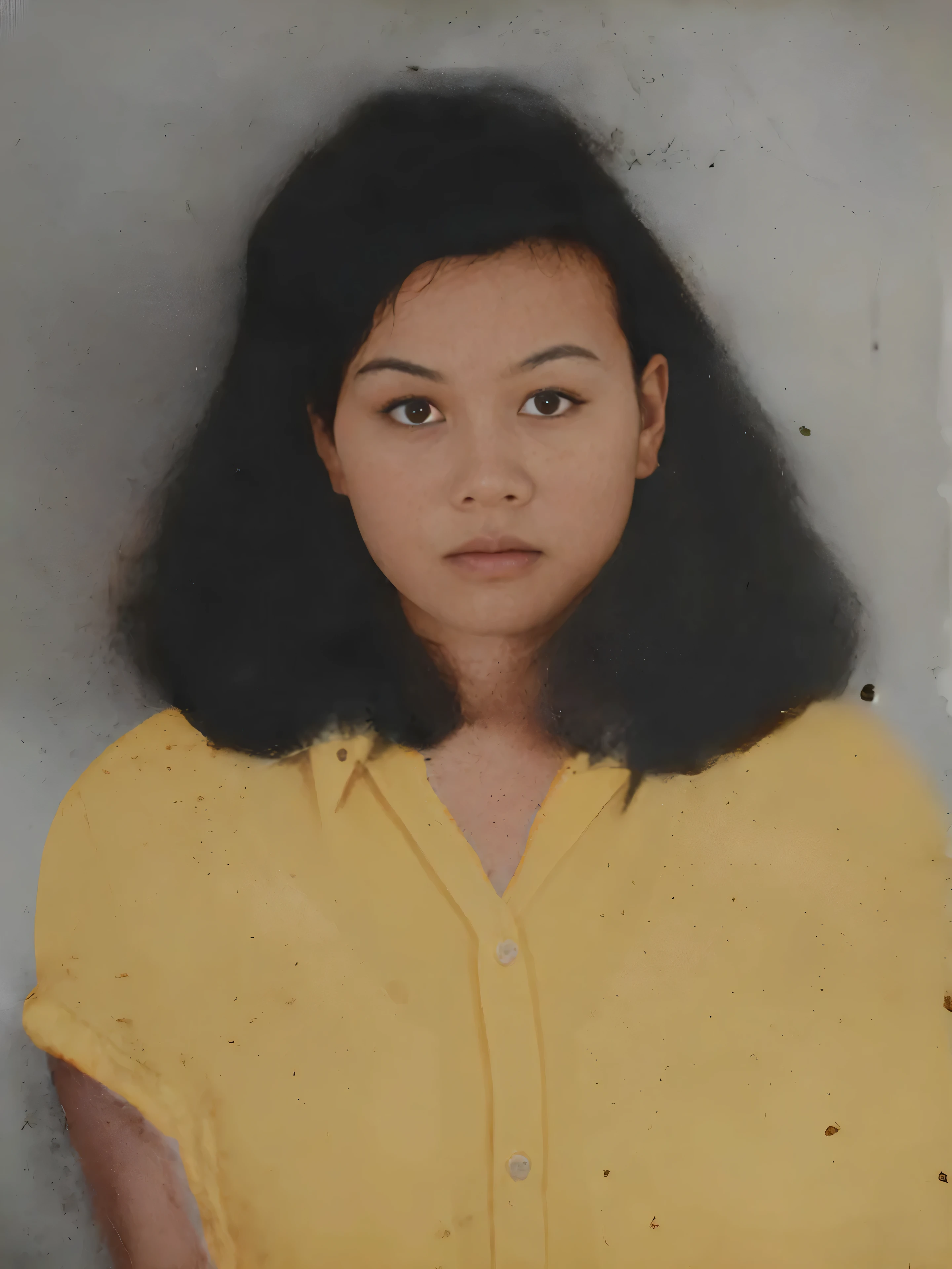 Make this photo look detailed and realistic, arafed a young girl with long black hair and yellow shirt, 16 years old woman, color portrait, old color photograph, colour portrait photograph, color studio portrait, realistic old photo, a colorized photo, coloured photo, 3 5 mm portrait, photo of a woman, old damagaed polaroid photo, photographic portrait, around 1 6 years old, photo of young woman, potrait, very detailed potrait, realistic portrait photo, close up potrait, profile portrait, very detailed face, very realistic face, very perfected face, very detailed clothes, very realistic clothes, very perfected clothes