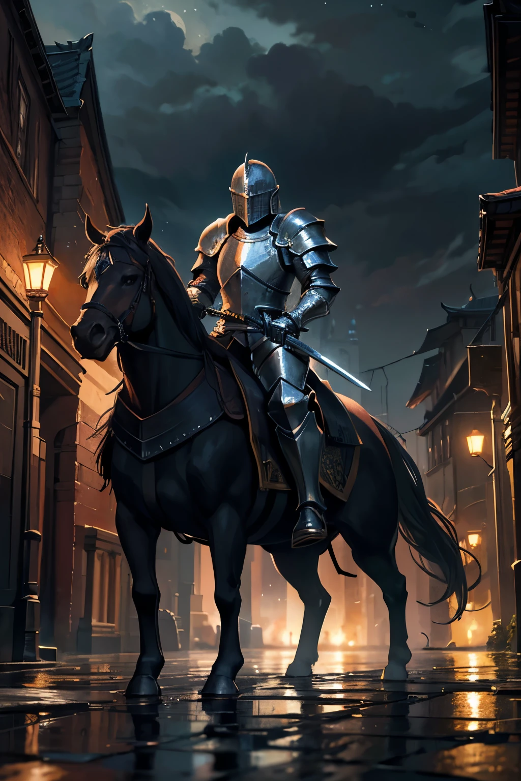 fantasy art, RPG art, high details, best quality, 16k, RAW, [best detailed], masterpiece, best quality, (extremely detailed), (half body: 1.2), ultra wide shot, photorealistic, a (noble knight: 1.3) rides his white-horse in the dark streets of a medieval town, its raining heavy rain, the rain drops on the noble knight, drops on the street, puddles in the street, the knight wears (heavy armor :1.3), wearing skull-helmet, armed with a (intricate sword: 1.3), the street is dark, lit by torches, a (fantasy temple: 1.2) in the background, fantasy urban town setting, cloudy night, full red moon,