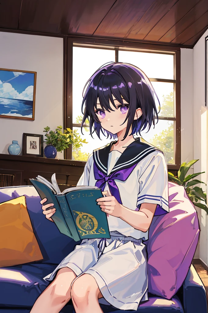 ((man))，Black short hair，Purple Eyes，White sailor suit，Short sleeve，living room，Bow your head，Sitting and reading，