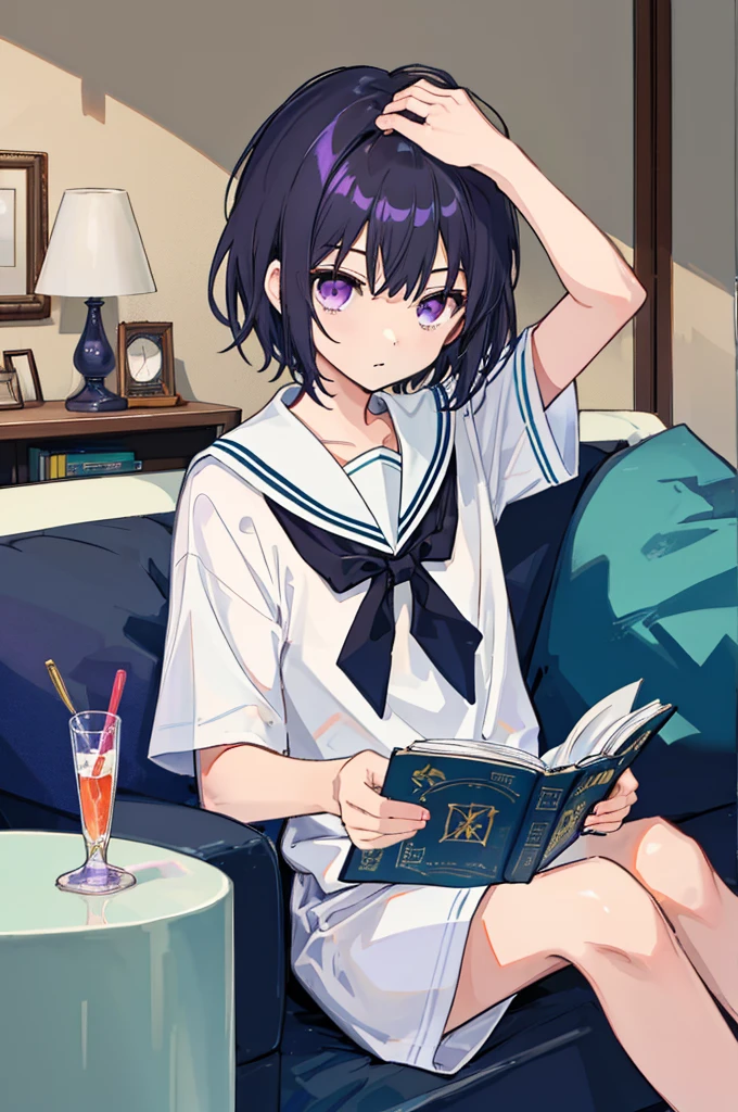 ((man)),Black short hair,Purple Eyes,White sailor suit,Short sleeve,living room,Bow your head,Sitting and reading,