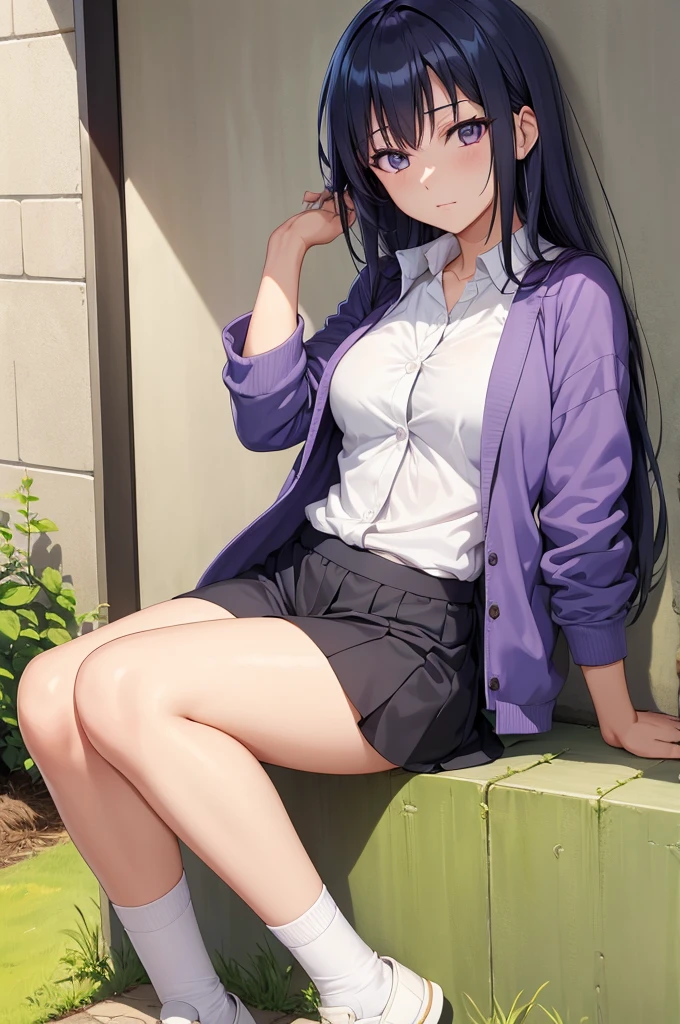 1girl, 1girl hinata full body, Hinata Hyuga, Hinata Hyuga naruto shippuden, hyuga hinata, (anime: naruto), adorable, female body, perfect body, fullbody, lavender gentle eyes, dark blue hair, dark blue long hair, beautiful, perfect body, wearing: white and lavender outfit, lavender jacket, white pants, lavender and white shoes, cute outfit, beautiful woman body, hinata, ultrasharp, 4k picture, highly detailed, stunning

