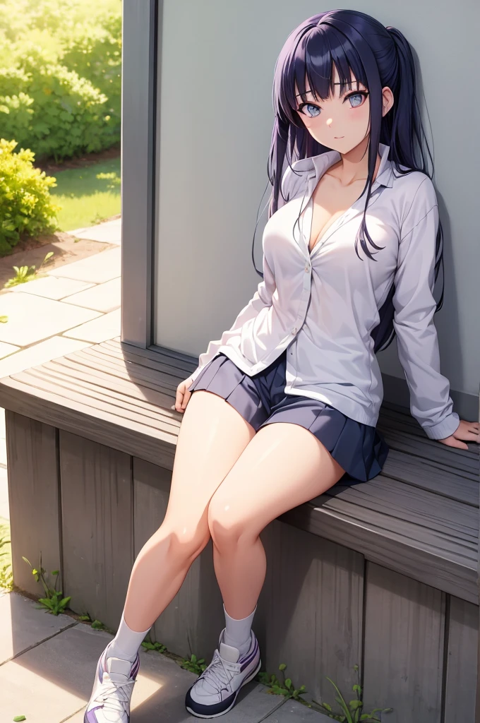 1girl, 1girl hinata full body, Hinata Hyuga, Hinata Hyuga naruto shippuden, hyuga hinata, (anime: naruto), adorable, female body, perfect body, fullbody, lavender gentle eyes, dark blue hair, dark blue long hair, beautiful, perfect body, wearing: white and lavender outfit, lavender jacket, white pants, lavender and white shoes, cute outfit, beautiful woman body, hinata, ultrasharp, 4k picture, highly detailed, stunning

