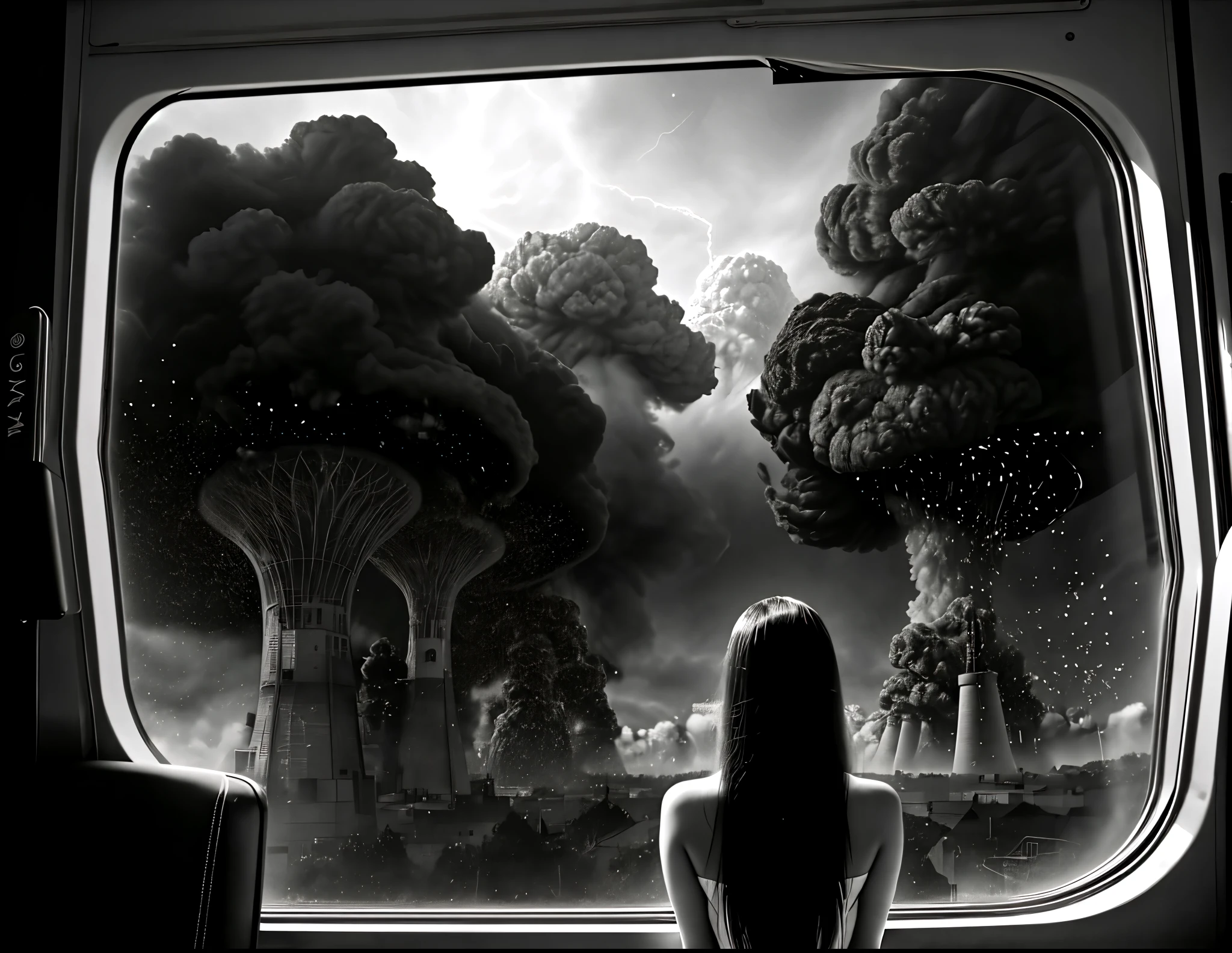 three cornered window, back of head shot of (woman looking out of triangle window:1.1), 3rd person, Looking out the triangular window of a (train:1.1) with triangular windows, triangular windows and triangular, wheels, in a fantasy world,
psychedelic, geometric, vivid light, high contrast, triadic colors, dark shadows, explosions, nuclear mushroom cloud, nuclear explosion, dystopian nightmare,
(beautiful composition),
21 yo woman,