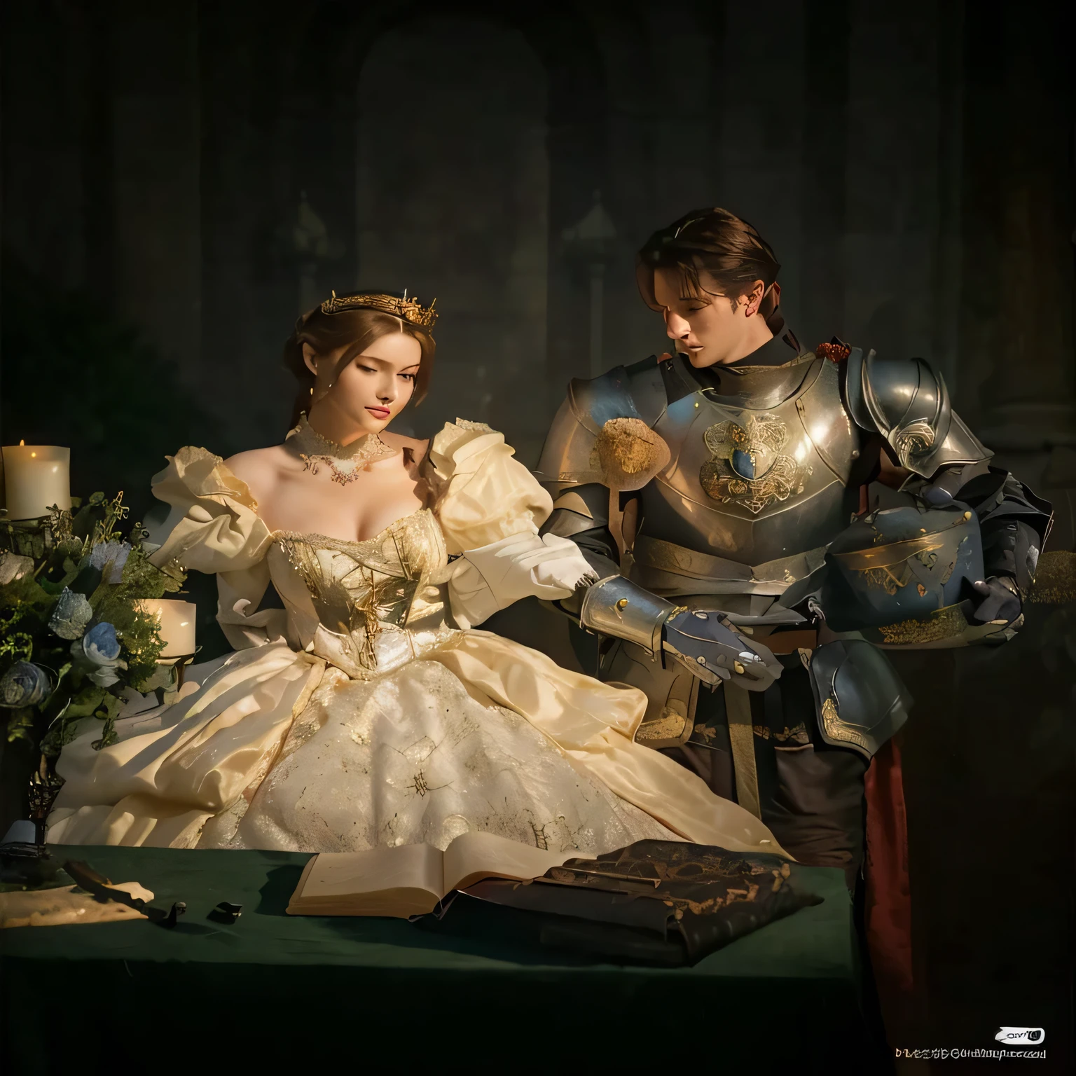 arafed image of a man and woman dressed in medieval costumes, knight and princess, scene from live action movie, still from a live action movie, still from a fantasy movie, with an armor and a crown, fantasy photoshoot, as a medieval fantasy character, victorian armor, romantic storybook fantasy, fantasy character photo, porcelain cyborg armor