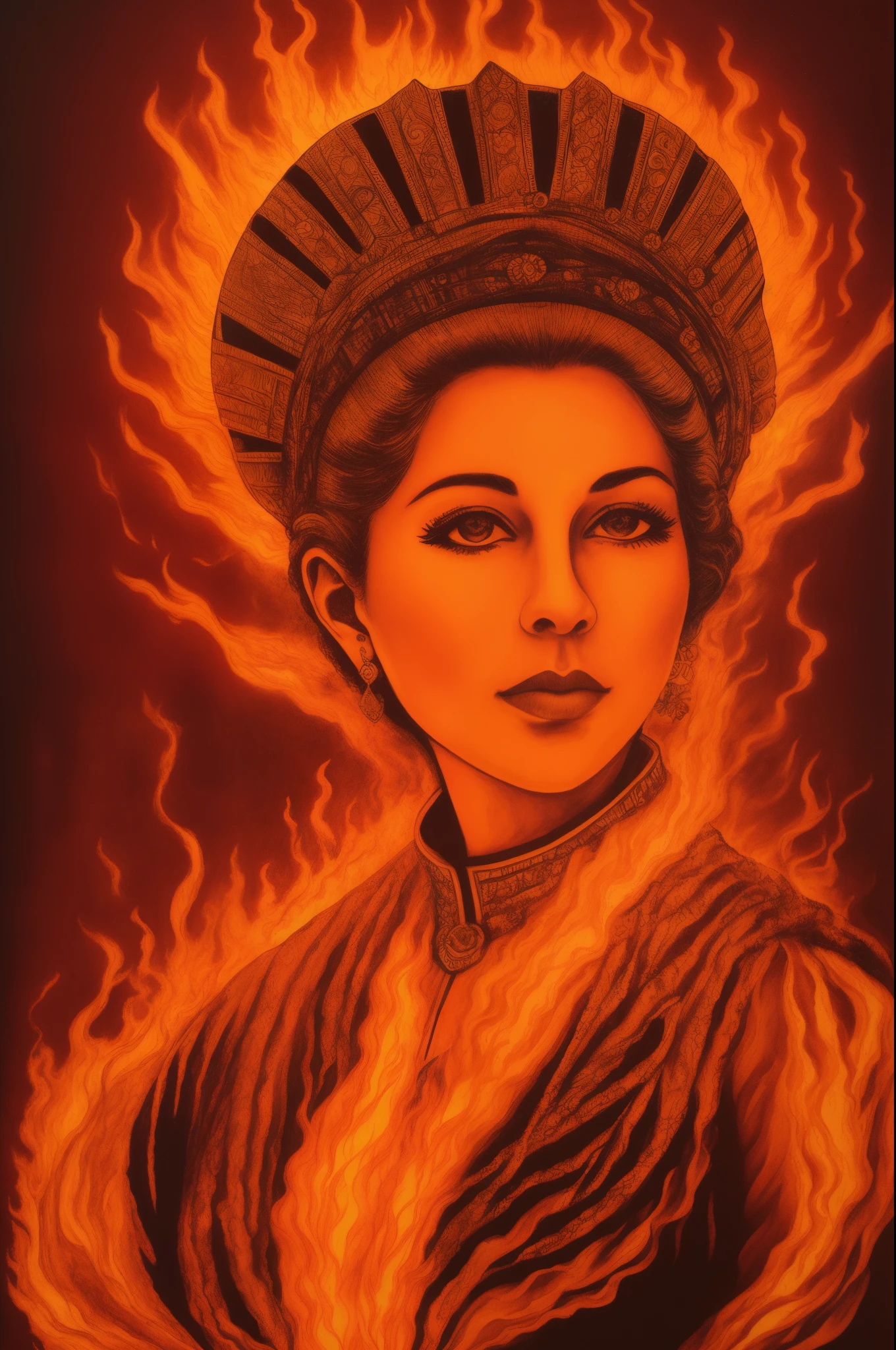 Pen and ink. Queen made of fire