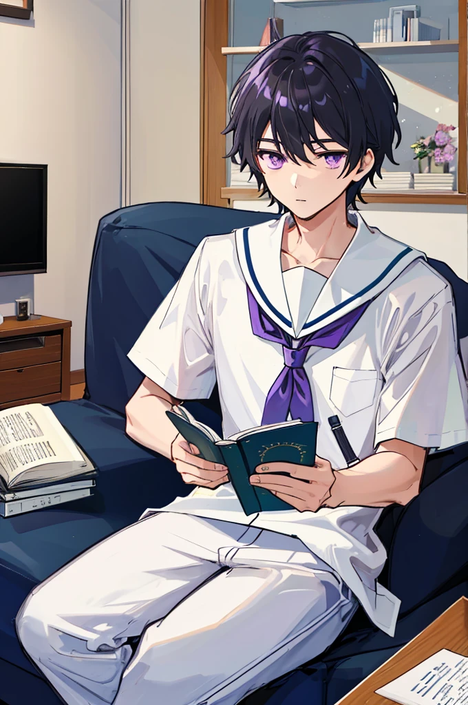 ((man))，Mature，university student，Black short hair，Purple Eyes，White sailor suit，Short sleeve，living room，Bow your head，Sitting and reading，