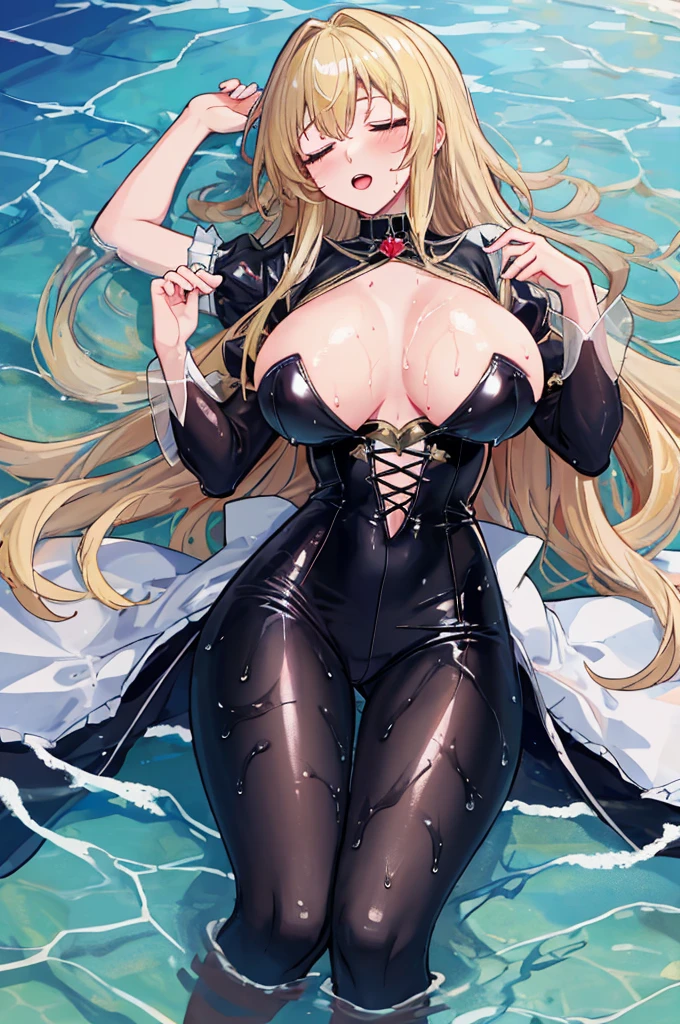 masterpiece,8k,Fairy tale style,sleeping Beauty,A woman with big ,ahegao,Long blond hair,ta,Slim waist,Lying in the sea,Wet clothes,