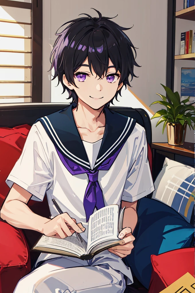 ((man)),Mature,university student,Black short hair,Purple Eyes,White sailor suit,Short sleeve,living room,Bow your head,Sitting and reading,Smile,