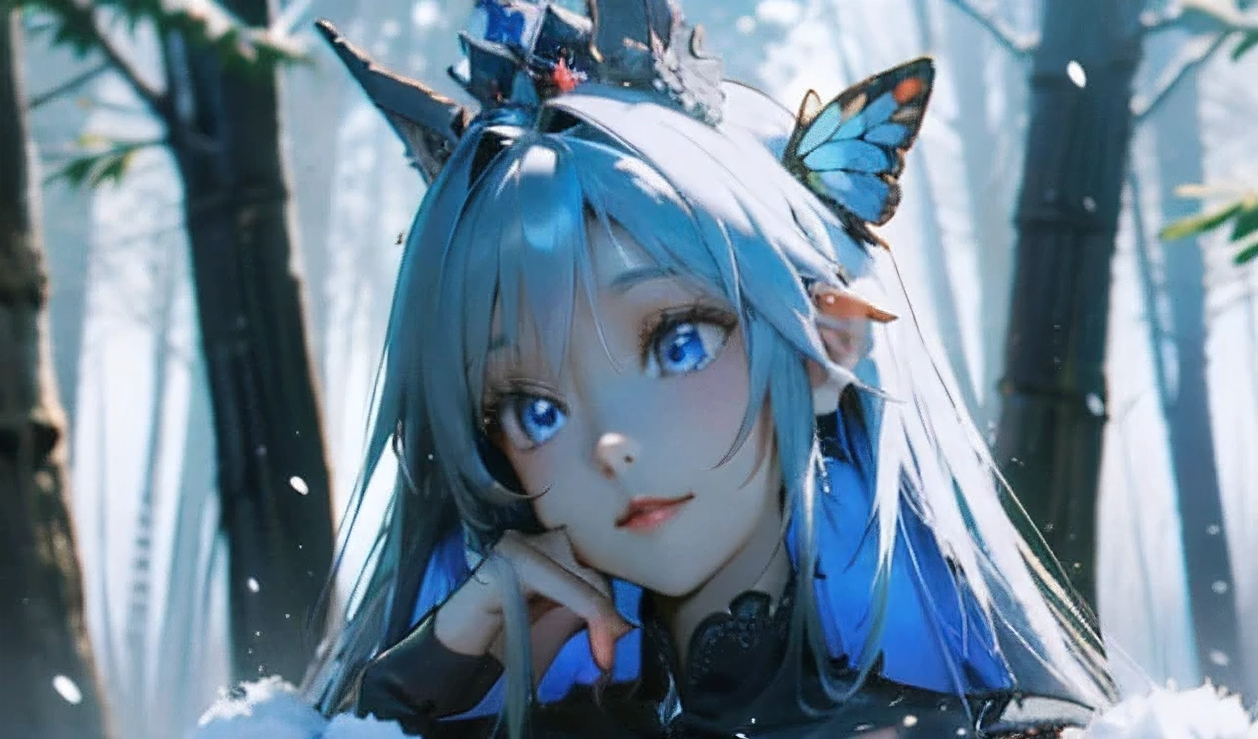 a woman on the snowy forest with other animal, white hair, princess crown, white skin, blue eyes, blue butterfly, trees, holding a buterfly, full body