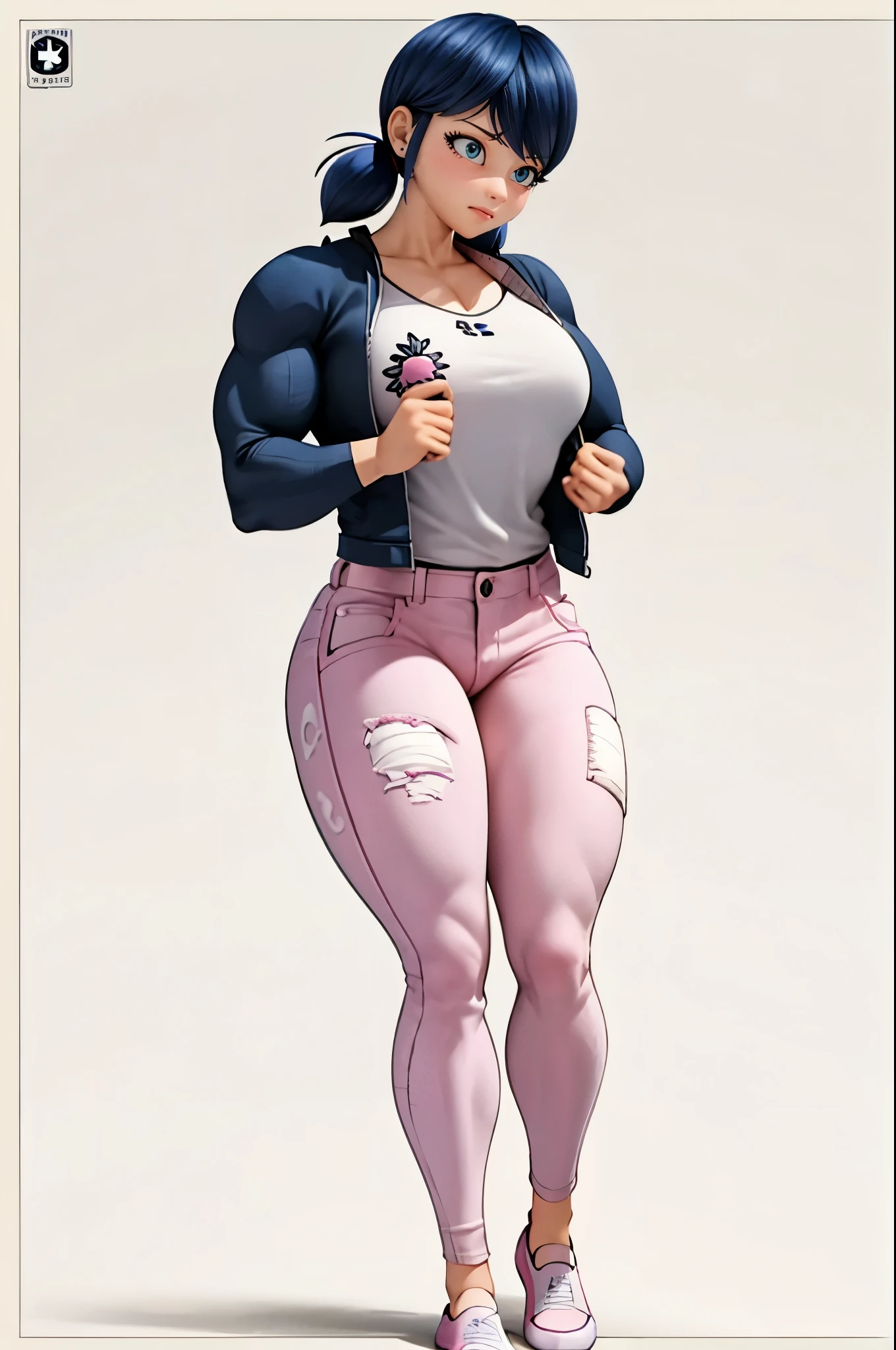 (big muscular female bodybuilder, beautiful detailed eyes, beautiful detailed lips:1.1,strong physique, two short pigtails, (smile), ( Marinette wears a white printed shirt ), ((( dark pink jean's , plane jean's, without pattern))) black jacket,, and ballet flats.), lifting weight, muscular arms and legs:1.2, toned abs, powerful expression,sweating:1.1, bed background:0.9, intense focus:1.1, vibrant colors, dramatic lighting), rippling muscles,sturdy frame,dark tan,fit around the waist,tight abs,strong arms and shoulders,intense expression,determined look,well-defined muscles and veins,straining muscles,artistic pose,steely gaze,side lighting,powerful presence,vivid colors,dynamic composition,studio lighting,physically-based rendering,athletic build,bodybuilding silhouette,professional,gritty texture,bokeh.