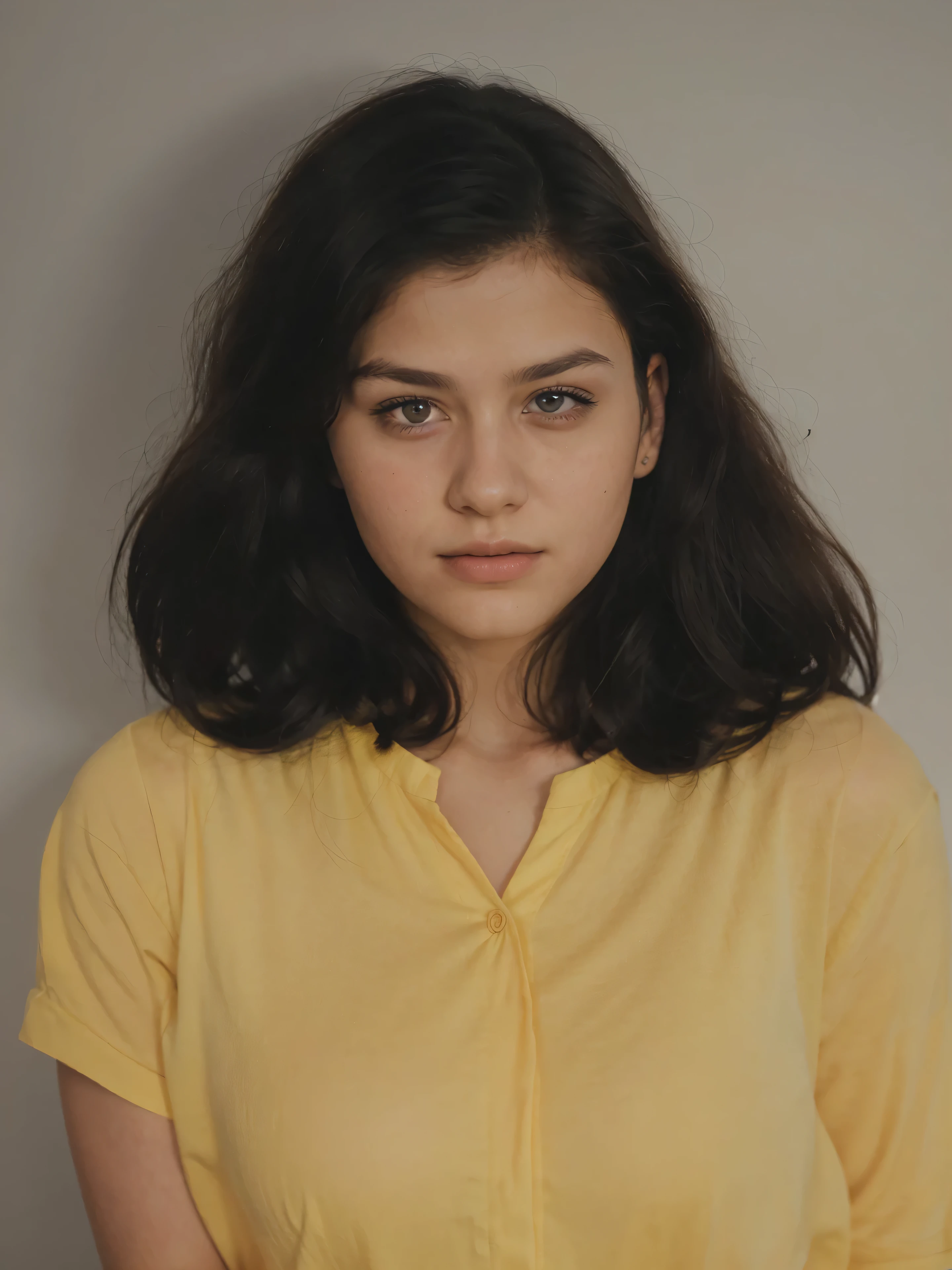 Make this photo look detailed and realistic, arafed a young girl with long black hair and yellow shirt, 16 years old woman, color portrait, old color photograph, colour portrait photograph, color studio portrait, realistic old photo, a colorized photo, coloured photo, 3 5 mm portrait, photo of a woman, old damagaed polaroid photo, photographic portrait, around 1 6 years old, photo of young woman, potrait, very detailed potrait, realistic portrait photo, close up potrait, profile portrait, very detailed face, very realistic face, very perfected face, very detailed clothes, very realistic clothes, very perfected clothes
