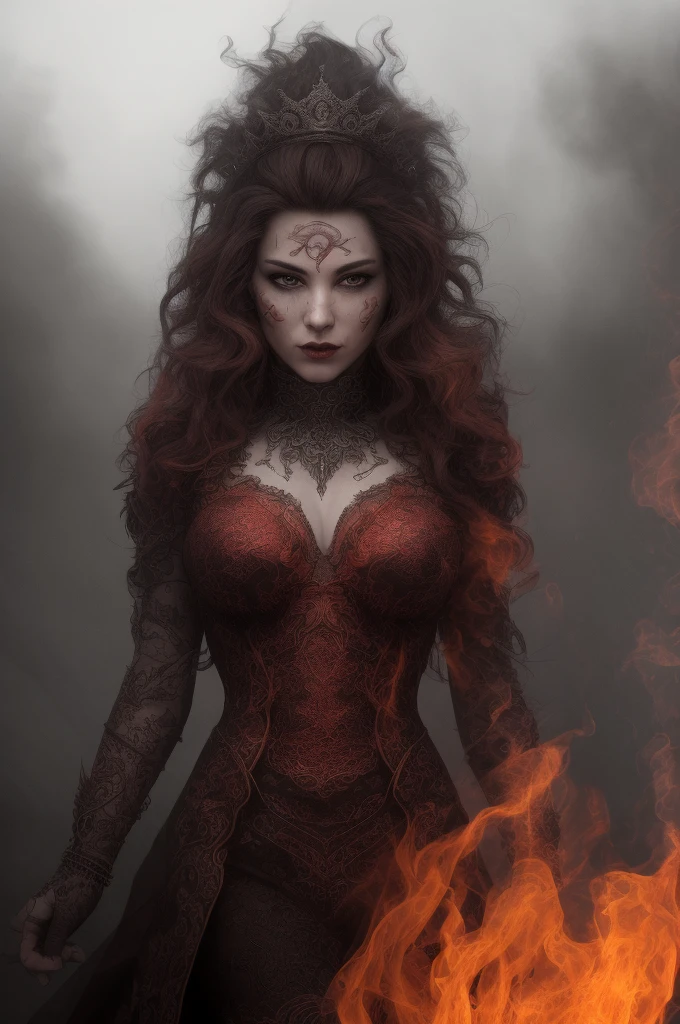 Pen and ink. Queen made of fire. (ultra-detailed, CG ,unity ,8k wallpaper),(masterpiece), (realistic), (photorealistic:1.2), (raw photo:1.2), (best quality:1.2), (detailed face :1.4), (beautiful detailed eyes :1.2), The character is surrounded by mist, evoking a mysterious and eerie atmosphere. The lighting is dark and atmospheric, with a red smoke adding a touch of sinister ambiance. The image is of the best quality, with a resolution of 4k and HDR enhancement, showcasing the utmost level of detail and realism, sfw, full body shot. View from above. (1woman), great composition, best quality, ultra high res, photorealistic,