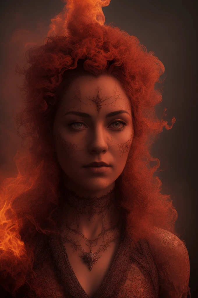 Pen and ink. Queen made of fire. (ultra-detailed, CG ,unity ,8k wallpaper),(masterpiece), (realistic), (photorealistic:1.2), (raw photo:1.2), (best quality:1.2), (detailed face :1.4), (beautiful detailed eyes :1.2), The character is surrounded by mist, evoking a mysterious and eerie atmosphere. The lighting is dark and atmospheric, with a red smoke adding a touch of sinister ambiance. The image is of the best quality, with a resolution of 4k and HDR enhancement, showcasing the utmost level of detail and realism, sfw, full body shot. View from above. (1woman), great composition, best quality, ultra high res, photorealistic,