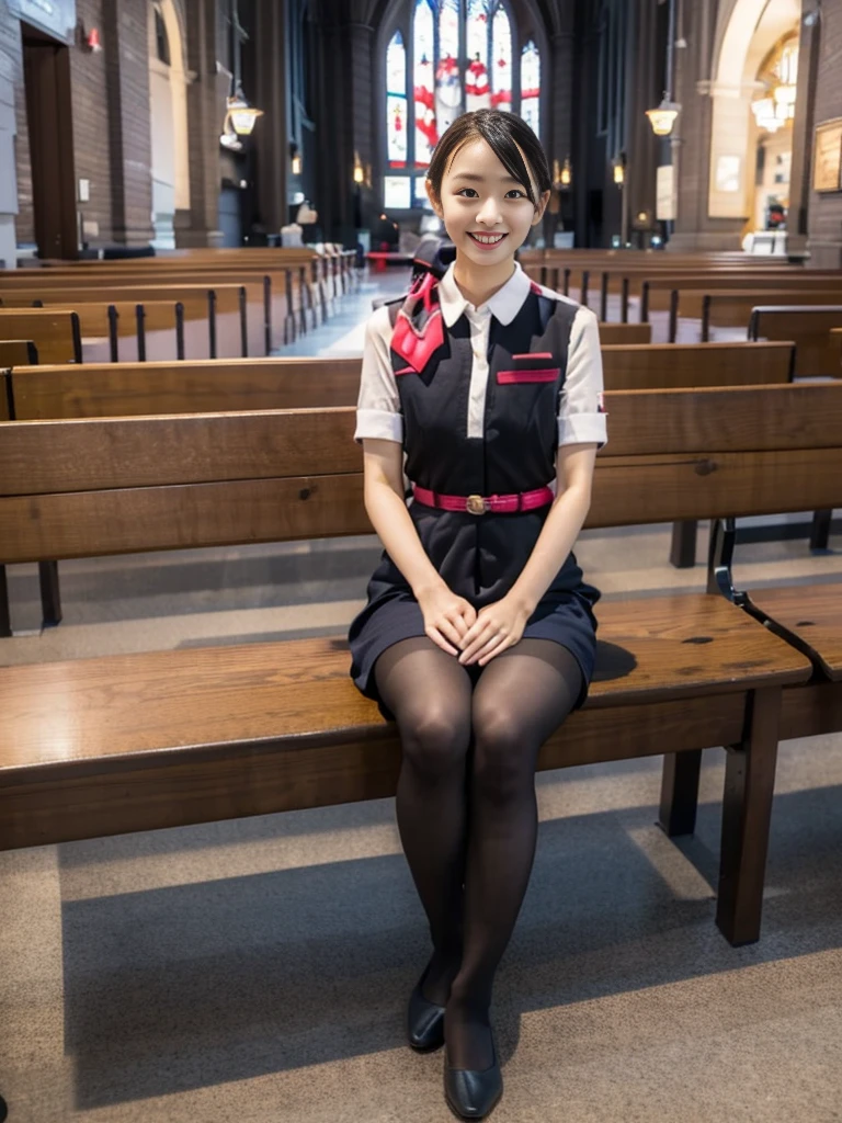 masterpiece, best quality, 1 girl, solo, 20 years old, (flat chest:1.3),skinny, Perfect Face, beautiful, extremely long hair, jal uniform, church, black pantyhose, pink lace panty, panties under pantyhose, japanese, (skirt lift:1.1), (show off panties:1.1), embarrassed,  sit on a bench, full body,