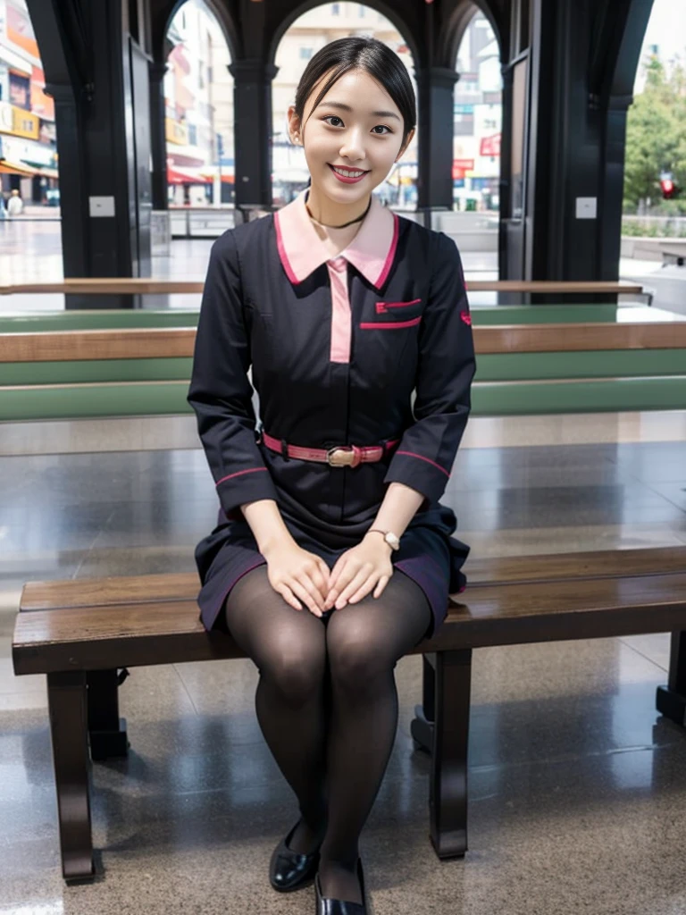 masterpiece, best quality, 1 girl, solo, 20 years old, (flat chest:1.3),skinny, Perfect Face, beautiful, extremely long hair, jal uniform, church, black pantyhose, pink lace panty, panties under pantyhose, japanese, (skirt lift:1.1), (show off panties:1.1), embarrassed,  sit on a bench, full body,