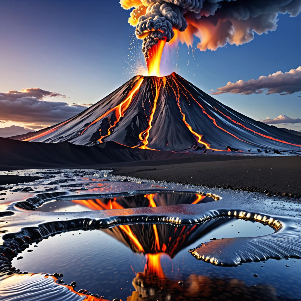 (best quality, masterpiece, highres:1.2), detailed, Volcano spewing liquid metal, Liquid metals flowing into the ground, dazzling reflections of liquid metal,