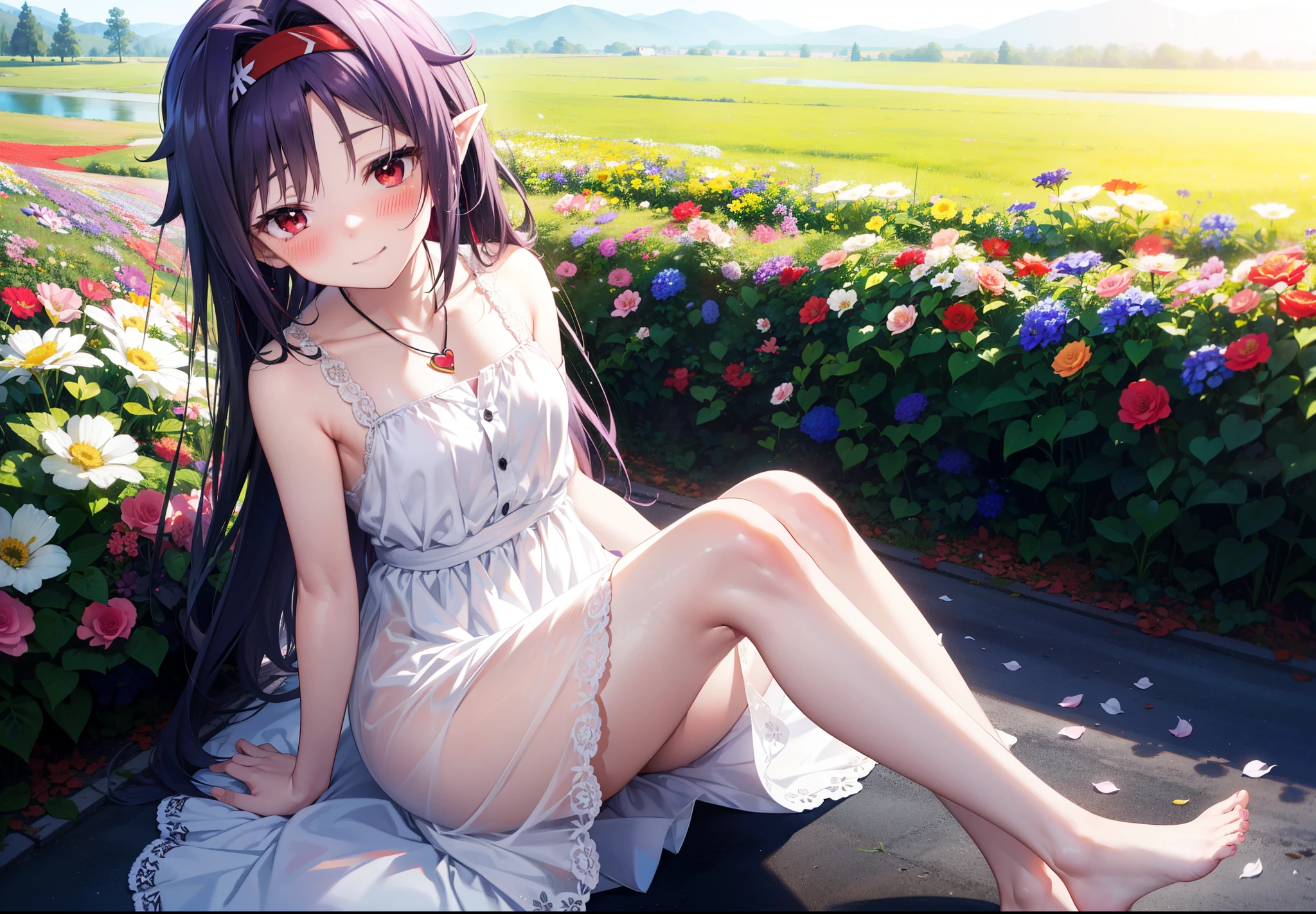 yuukikonno, Konno Yuuki, hair band, Long Hair, Pointed Ears, Purple Hair, (Red eyes:1.5), (Small breasts:1.2), Squint both eyes,blush,happy smile, smile, Close your mouth,White sleeveless dress,Bare arms,Heart Pendant,Long skirt,Barefoot flower crown,whole bodyがイラストに入るように,Sitting,Looking up from below,
break looking at viewer, whole body,
break outdoors, nature,Flower Field,Large Lake,
break (masterpiece:1.2), highest quality, High resolution, unity 8k wallpaper, (figure:0.8), (Beautiful fine details:1.6), Highly detailed face, Perfect lighting, Highly detailed CG, (Perfect hands, Perfect Anatomy),