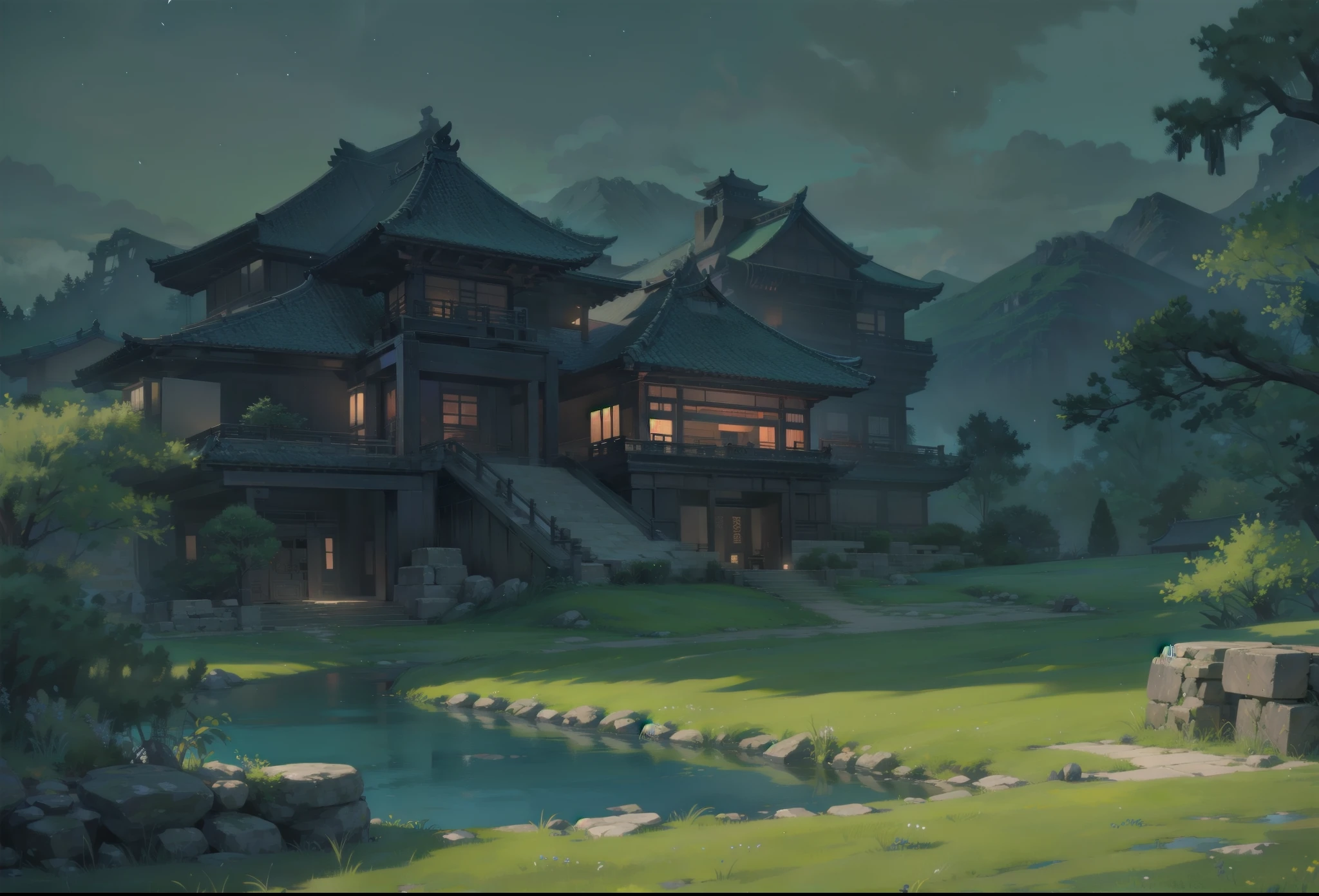 outside Old ancient chinese mansion, ancient traditional mansion, mansion, bight colors, stunning mansion, ground, lake, grass, stone fence, scene, scenery, background, night, night time, dark sky, stars