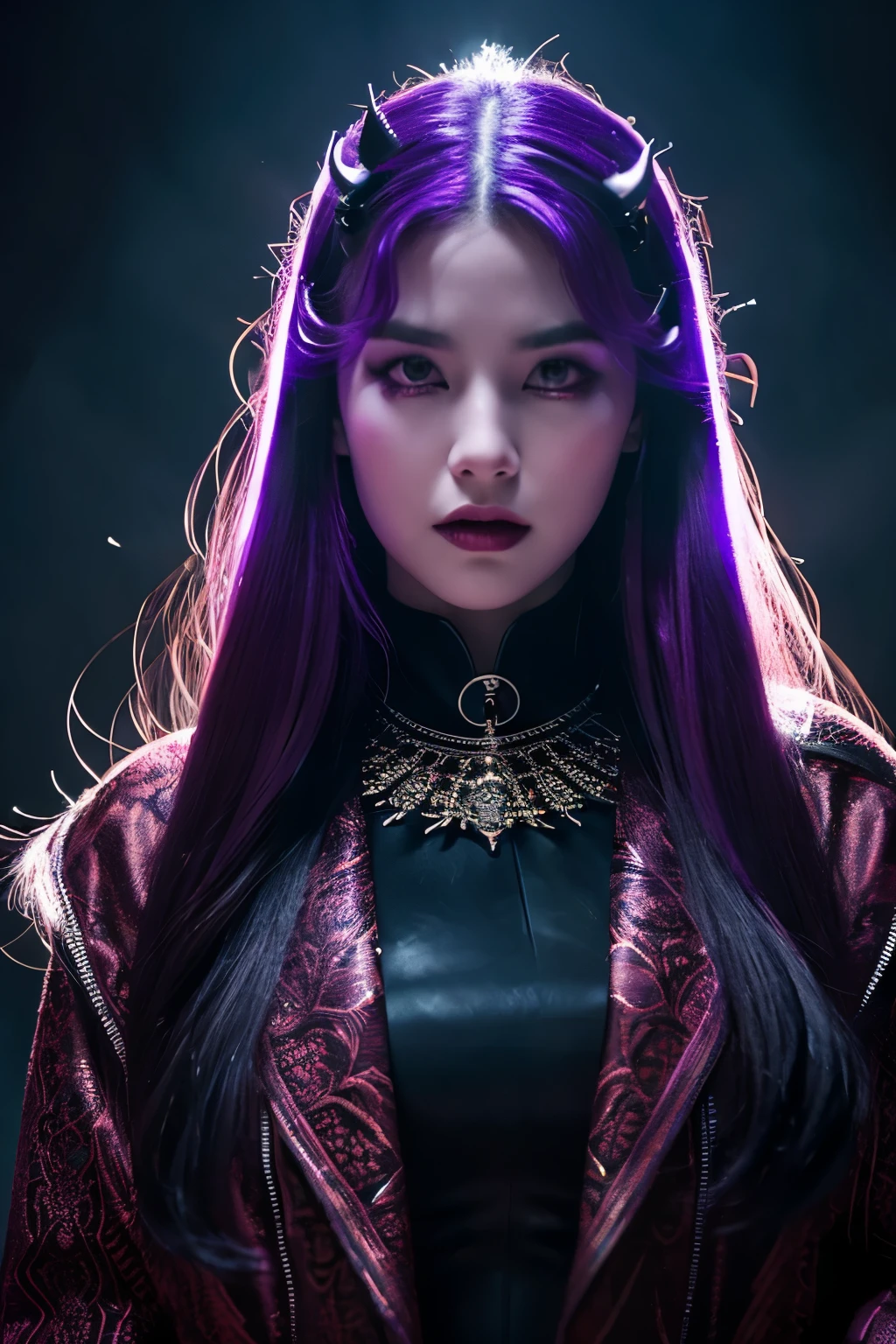 The following、Overall purple、Make the characters look demonic、tooth and horn、Prompt for adding lightning:
"Create a high-resolution image featuring a striking, dark-haired woman with an intense gaze, standing in front of a large, glowing circular light source emitting a cool, purple hue. The overall color scheme should be predominantly purple. Transform the woman to have a demonic appearance, including sharp fangs, prominent horns, and slightly glowing eyes. Add lightning bolts striking around her to enhance the dramatic atmosphere. She should have a gothic and otherworldly look, with dramatic makeup and purple-tinted skin. She is wearing an ornate, dark outfit with intricate patterns, and a large, detailed pendant around her neck. Her hair is slightly disheveled, adding to the mysterious ambiance. Ensure the lighting highlights her features and creates a captivating, moody scene."
If you use this prompt、Based on purple、demonic features(tooth、horn)and generate images of characters that include lightning.。