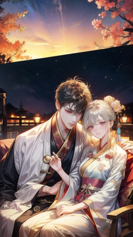 male and female couple, Wearing Hanfu costume, ancient chinese dress, romantic, Romance, cute