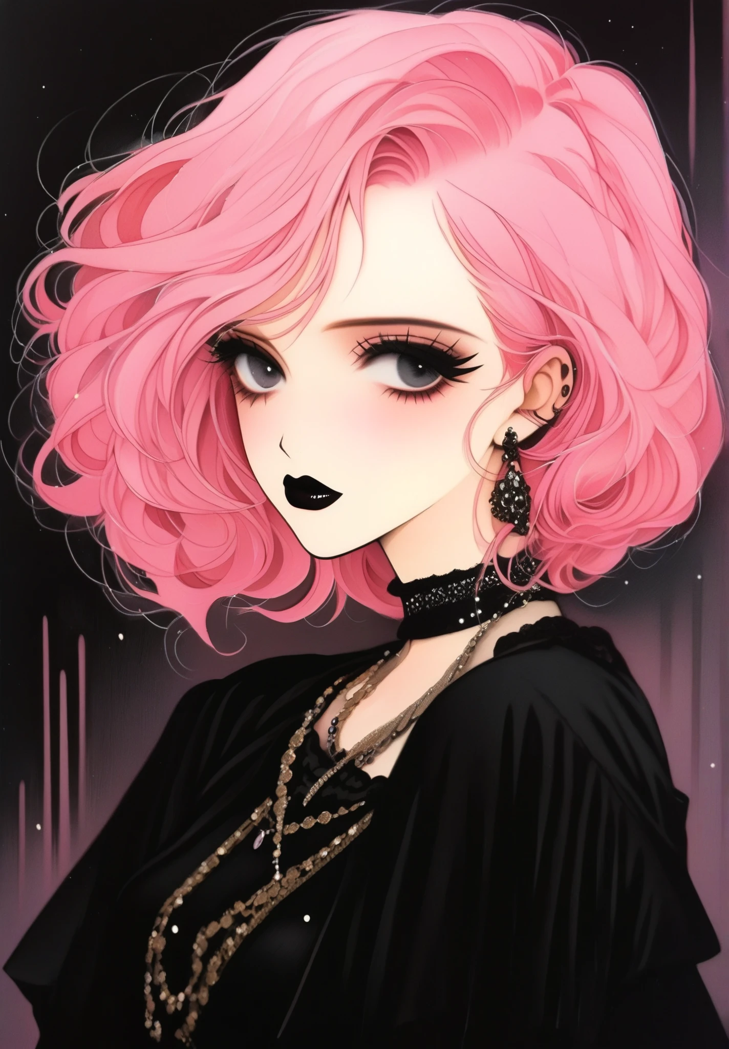 Young woman, Pink hair, dark makeup, black lips, Black clothes
