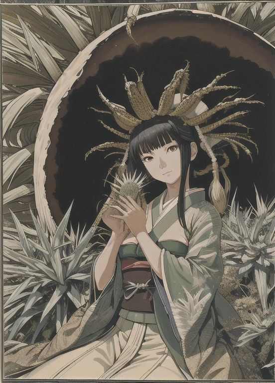 Close-up photo of a Japanese woman holding agave absurdres, Hasselblad