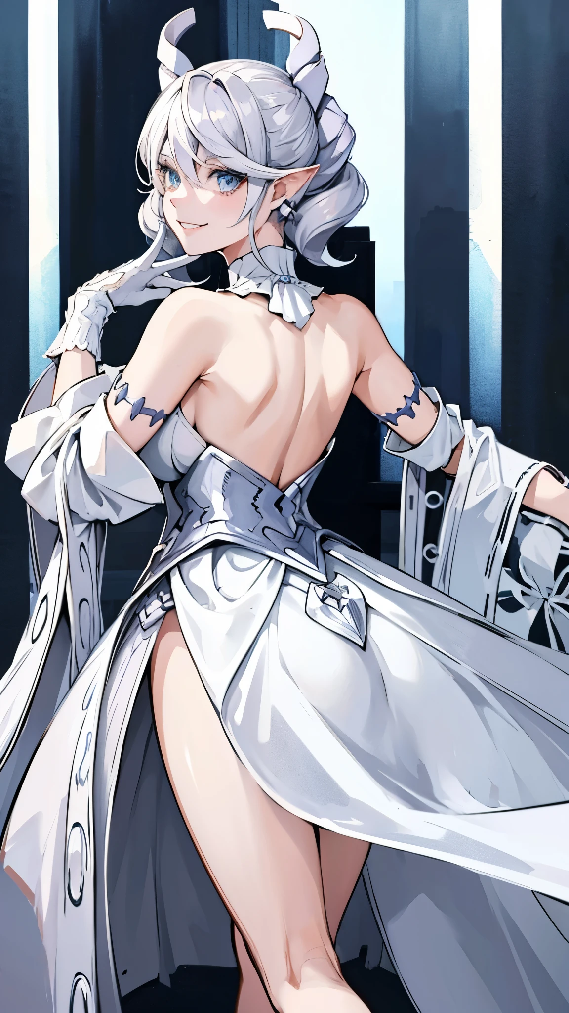 Throne sofa High level image quality best image quality 8K adult woman whole body view portrait pure white long gloves(elbow gloves) white long dress(slit) white wolf ears short hair((shortcut)(gray hair)(perm)(fluffy)) eye color is blue attractive evil face , face detail , smile , sexy pose , labrynth , erotic standing styles , view all body from back , face focus , view legs , view barefoot