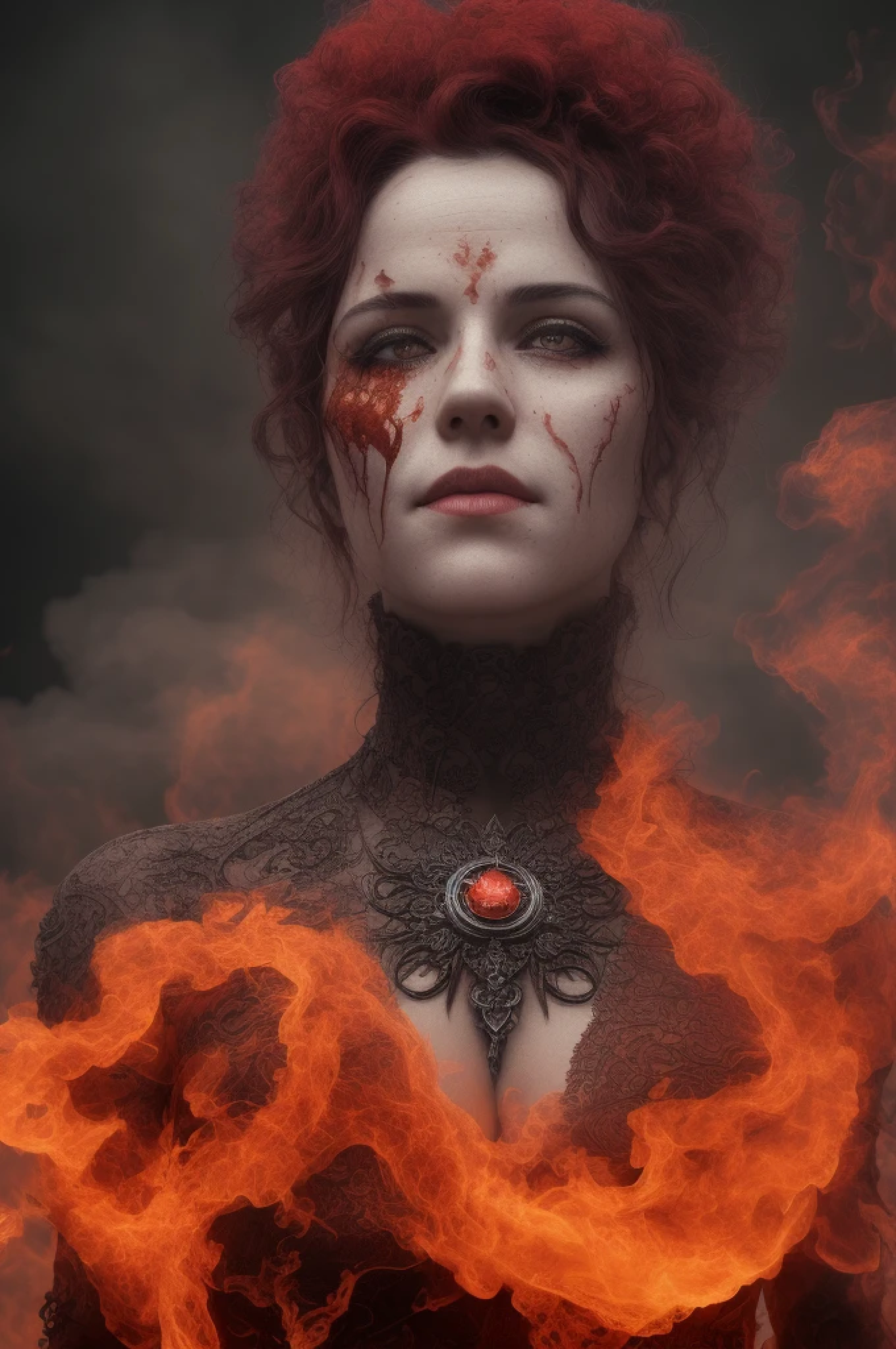 Pen and ink. Queen made of fire. (ultra-detailed, CG ,unity ,8k wallpaper),(masterpiece), (realistic), (photorealistic:1.2), (raw photo:1.2), (best quality:1.2), (detailed face :1.4), (beautiful detailed eyes :1.2), The character is surrounded by mist, evoking a mysterious and eerie atmosphere. The lighting is dark and atmospheric, with a red smoke adding a touch of sinister ambiance. The image is of the best quality, with a resolution of 4k and HDR enhancement, showcasing the utmost level of detail and realism, sfw, full body shot. View from above. (1woman), great composition, best quality, ultra high res, photorealistic,