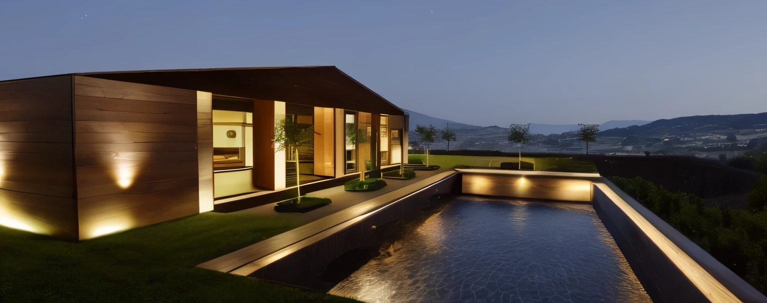 The house has wooden doors, a swimming pool, a garden with small trees and hills, lights at night, and a garden