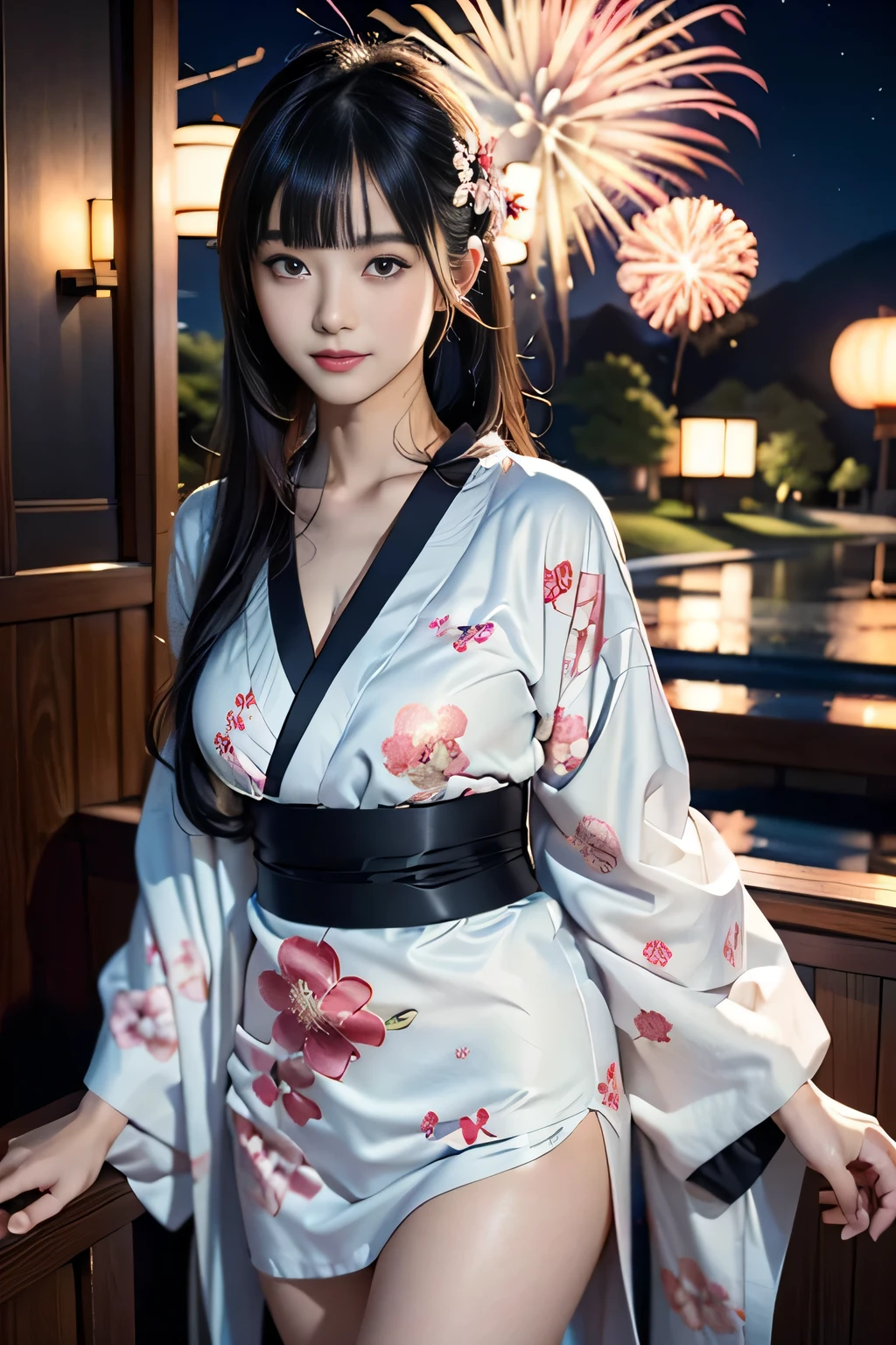 ((sexy cute mini kimono and elegant beautiful white laced panties)),
♥(Japanese beautiful flower printed kimono,yukata),((1girl,cute,young,semi long beautiful black hair,blunt bangs,twin tales,beautiful eyes)),(solo),((masterpiece, highest resolution,best quality)), (beautiful illustration),(Japanese beautiful flower printed kimono,yukata),
(looking at the viewer), innocent smile,cinematic lighting,Japanese Festival,stall,fireworks,night sky,full moon,shooting star,