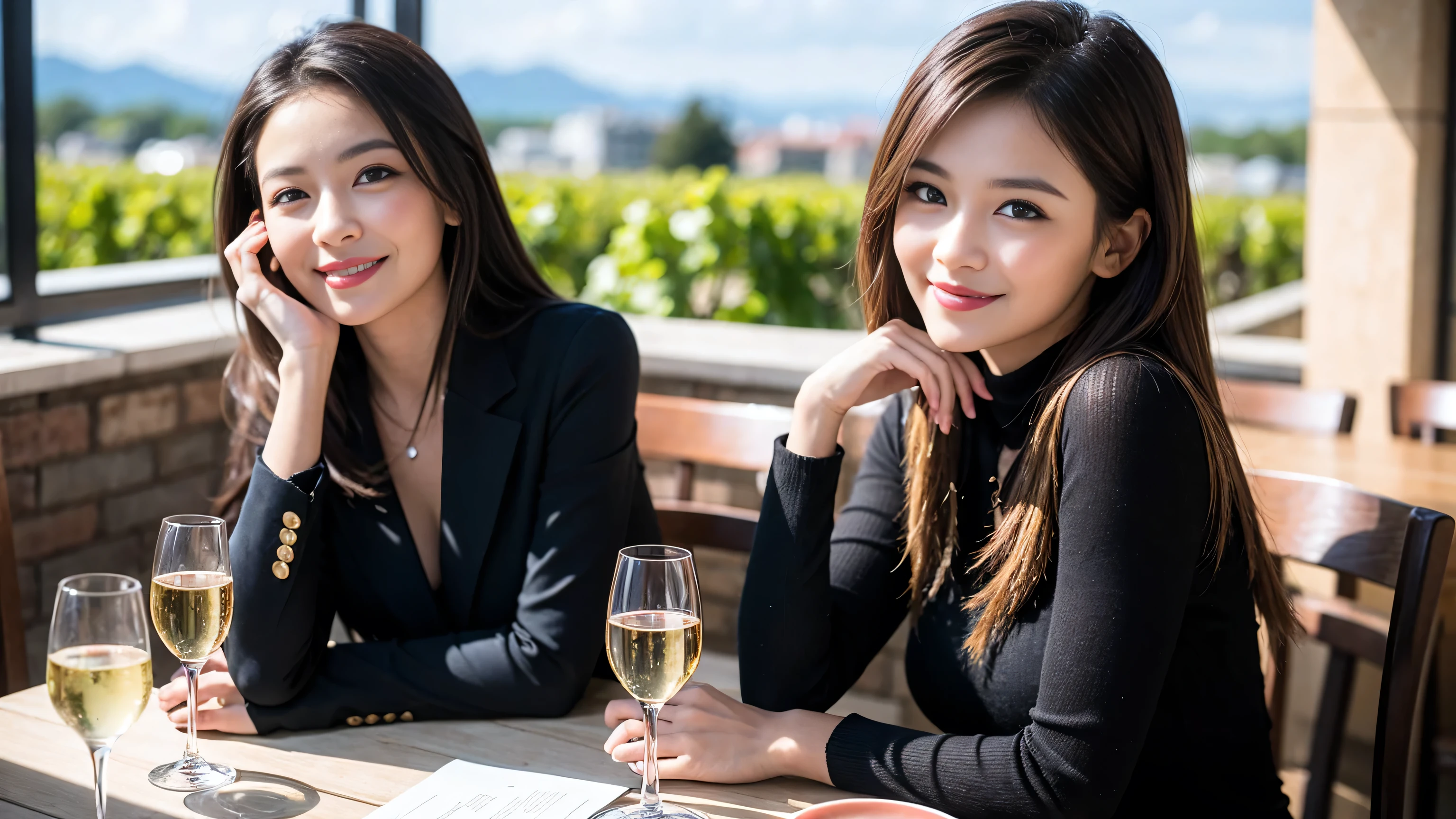 ((highest quality、8k、masterpiece:1.3))、Wine Party 、1 male and 1 female、couple、Lovers Couple、Slim body、((Bob Hale、Straight hair:1.2)), (Realistic, Intricate details:1.2), Wine glass on the table、Put the light on your face、 Amazing view of the sunset sky and clouds、Amazing mountain views、A bright smile、The wonderfulness of smile、Bright image、The beauty of wine, Beautiful Face, blue eyes, The light shines on your face, Blushing, short hair,Bright Face、 (Age 42), 39 years old, red wine 、Appetizers、Italian food、wine bottle、Champagne、sparkling wine、Two beauties、Brown Hair、Shortcuts、Long sleeve shirt、dress、Pretty Woman 1, (Slim face), (The body is slim), (Brown Hair), (Shortcuts), cheeks turn a little red,Attractive beauty、restaurant, In a prominent place (From the waist up) Nova Frog Style, actress, model, Upper Body, White wine, slim, wine glass, Wine glass placed in the center, smile, (smile: 1.15), Beautiful fine grain, Depth f/2,saturation, High Contrast, Strong light and shadow,Moist Body:1.5、3D texture、Delicate eyes、Brown Hair、The hair is very shiny、