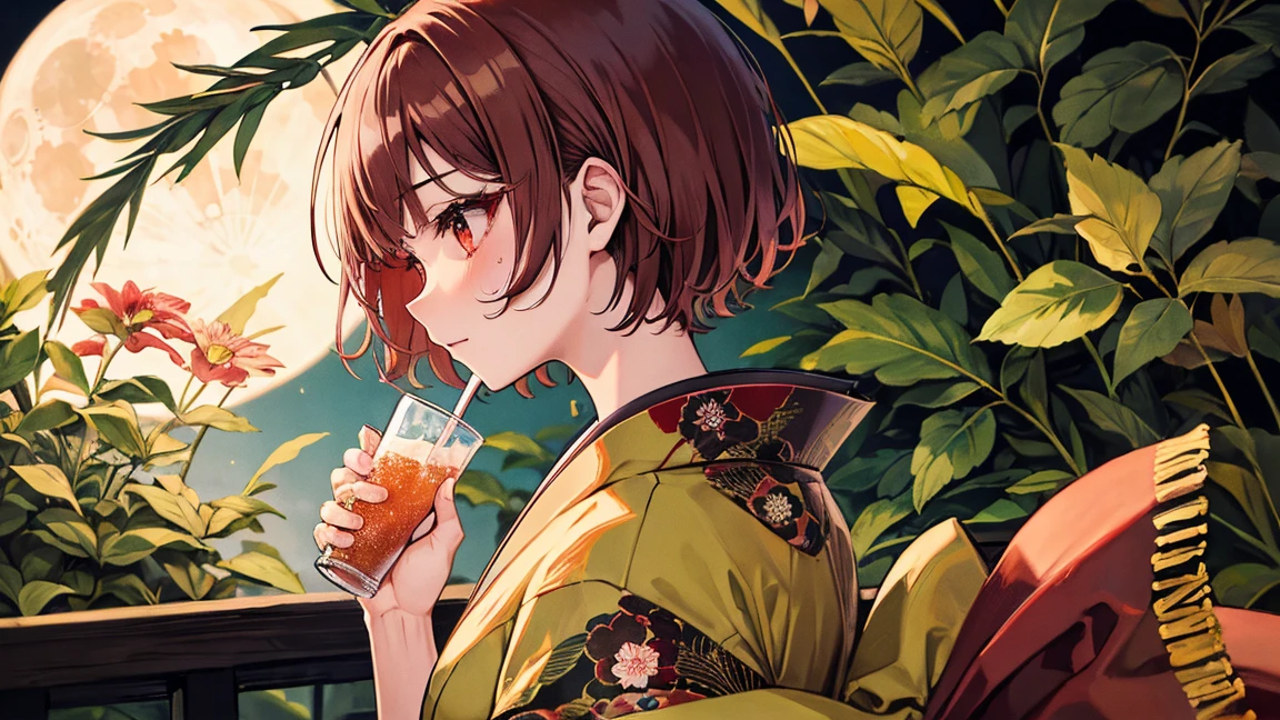 【highest quality, Tabletop】 [girl, kimono, Red eyes, profile, Wavy short hair, Brown Hair, Upper Body] (moon, Greenish foliage),  Japan drinks alcohol, Sweat, Long eyelashes, alone, firework