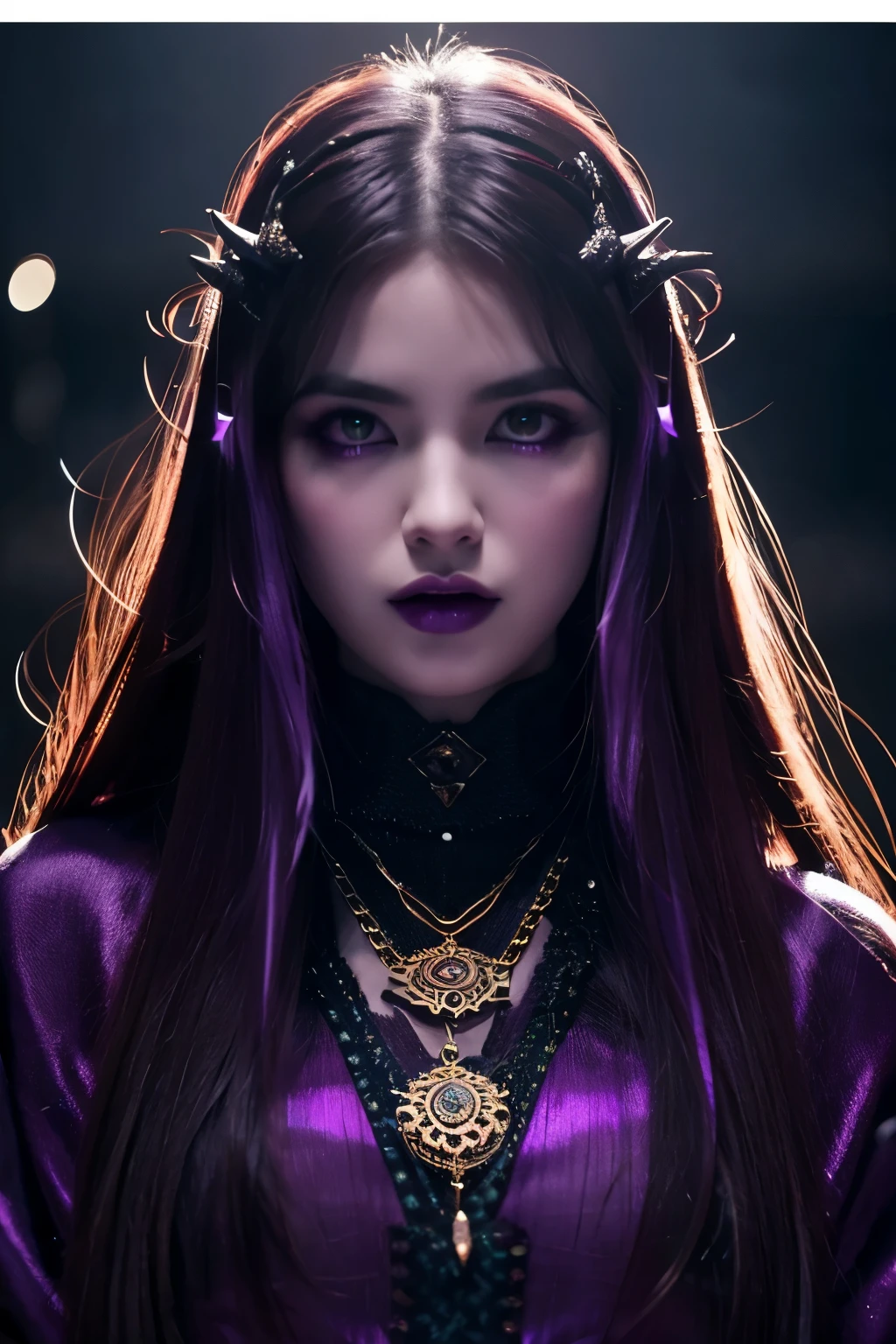 The following、Overall purple、Make the characters look demonic、tooth and horn、Prompt for adding lightning:
"Create a high-resolution image featuring a striking, dark-haired woman with an intense gaze, standing in front of a large, glowing circular light source emitting a cool, purple hue. The overall color scheme should be predominantly purple. Transform the woman to have a demonic appearance, including sharp fangs, prominent horns, and slightly glowing eyes. Add lightning bolts striking around her to enhance the dramatic atmosphere. She should have a gothic and otherworldly look, with dramatic makeup and purple-tinted skin. She is wearing an ornate, dark outfit with intricate patterns, and a large, detailed pendant around her neck. Her hair is slightly disheveled, adding to the mysterious ambiance. Ensure the lighting highlights her features and creates a captivating, moody scene."
If you use this prompt、Based on purple、demonic features(tooth、horn)and generate images of characters that include lightning.。