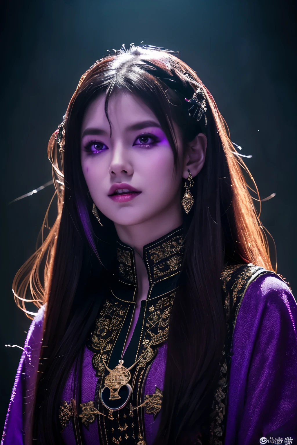 The following、Overall purple、Make the characters look demonic、tooth and horn、Prompt for adding lightning：

"Create a high-resolution image featuring a striking, dark-haired woman with an intense gaze, standing in front of a large, glowing circular light source emitting a cool, purple hue. The overall color scheme should be predominantly purple. Transform the woman to have a demonic appearance, including sharp fangs, prominent horns, and slightly glowing eyes. Add lightning bolts striking around her to enhance the dramatic atmosphere. She should have a gothic and otherworldly look, with dramatic makeup and purple-tinted skin. She is wearing an ornate, dark outfit with intricate patterns, and a large, detailed pendant around her neck. Her hair is slightly disheveled, adding to the mysterious ambiance. Ensure the lighting highlights her features and creates a captivating, moody scene."

If you use this prompt、Based on purple、demonic features（tooth、horn）and generate images of characters that include lightning.。